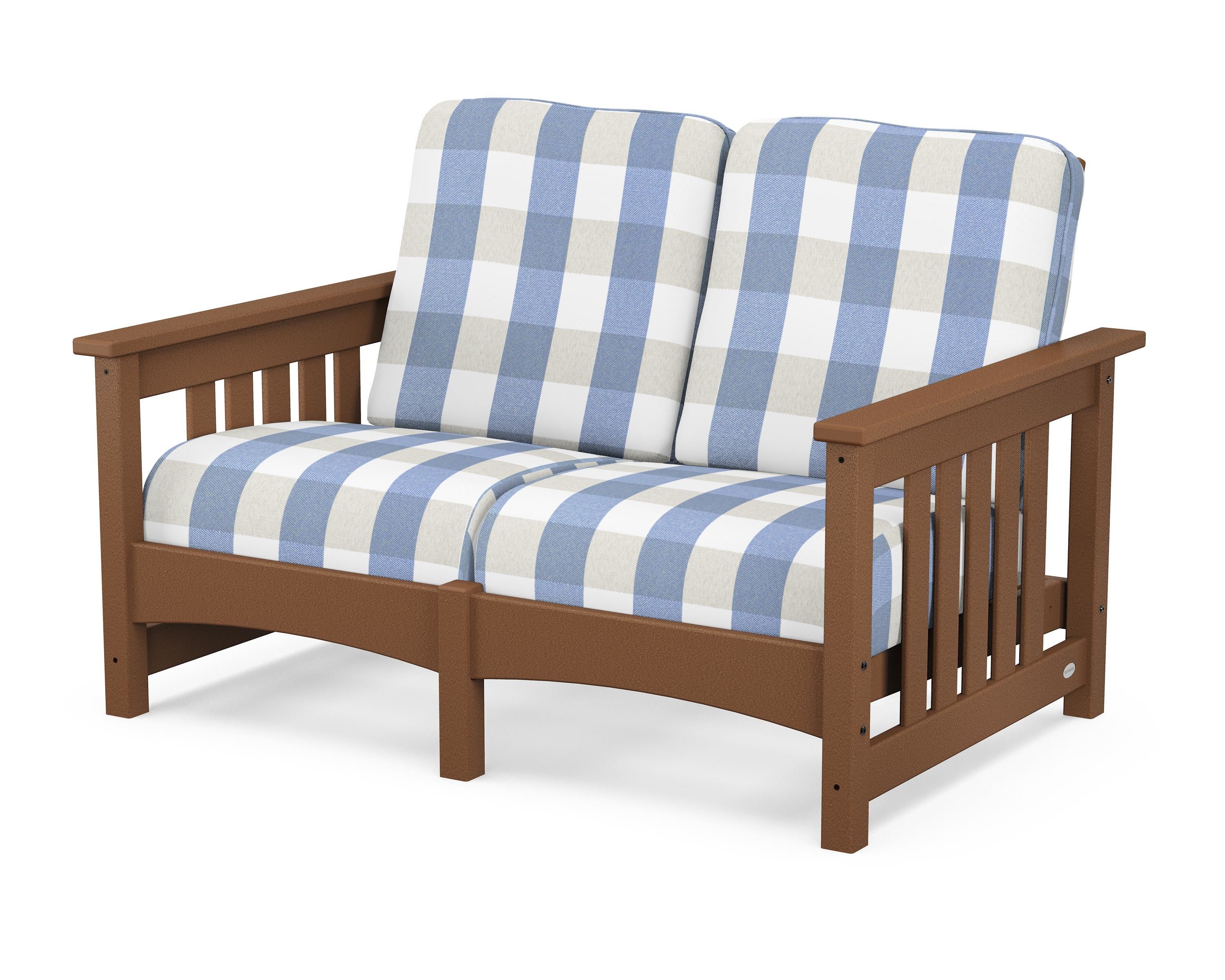 POLYWOOD® Club Mission Loveseat in Teak / Buffalo Plaid Sky Blue