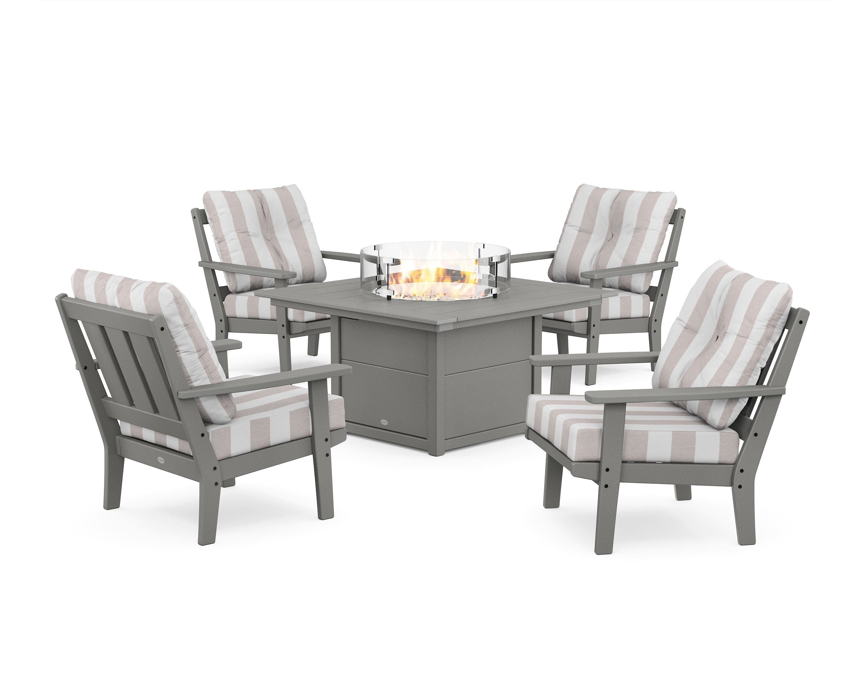 POLYWOOD® Oxford 5-Piece Deep Seating Set with Fire Pit Table in Slate Grey / Cabana Stripe Dune Burlap