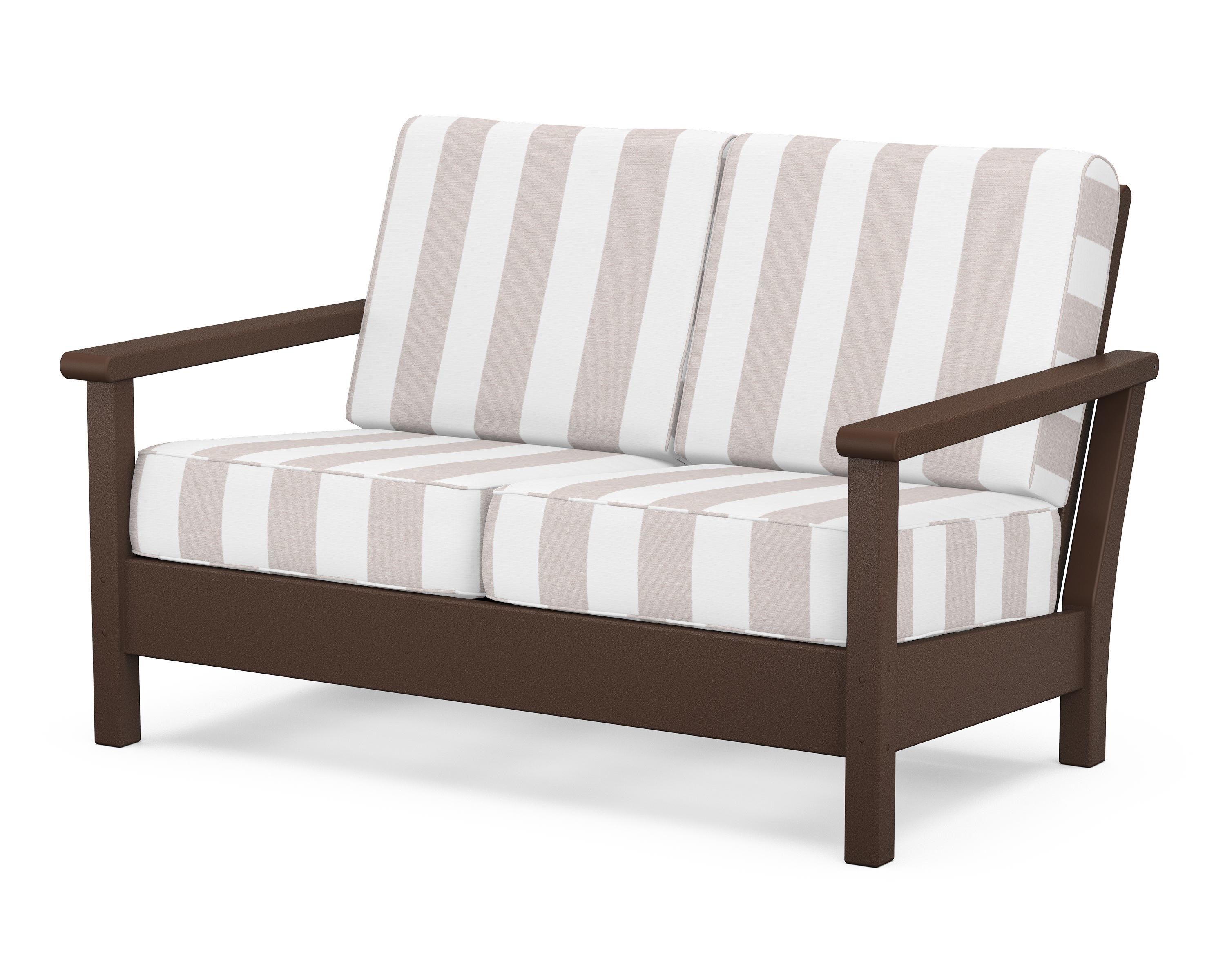 POLYWOOD® Harbour Deep Seating Loveseat in Mahogany / Cabana Stripe Dune Burlap