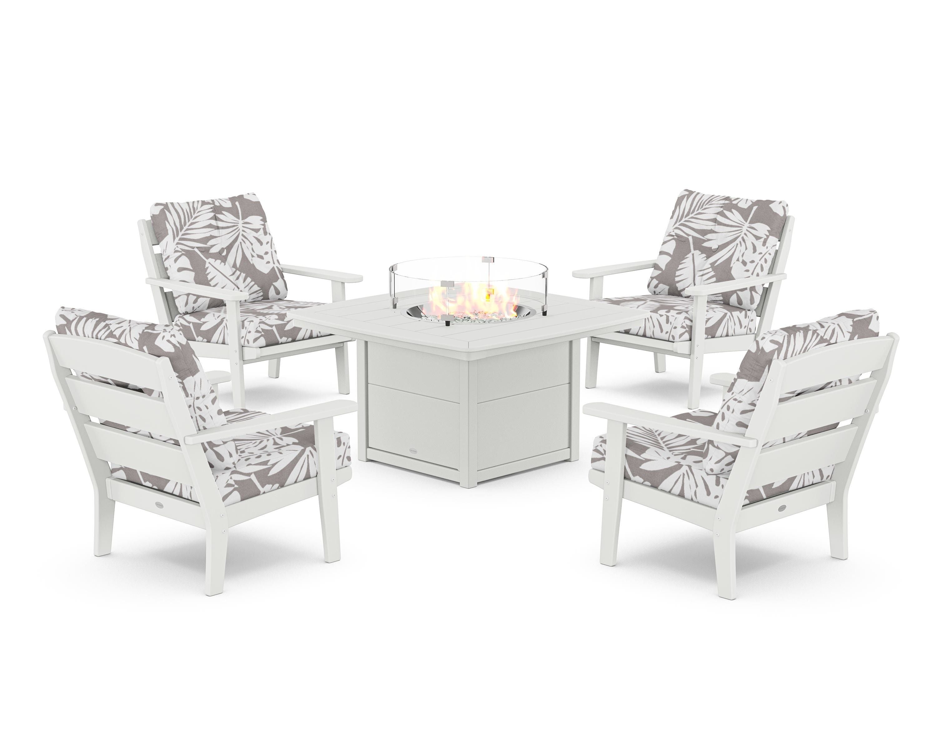 POLYWOOD® Lakeside 5-Piece Deep Seating Set with Nautical Fire Pit Table in White / Leaf Grey Mist