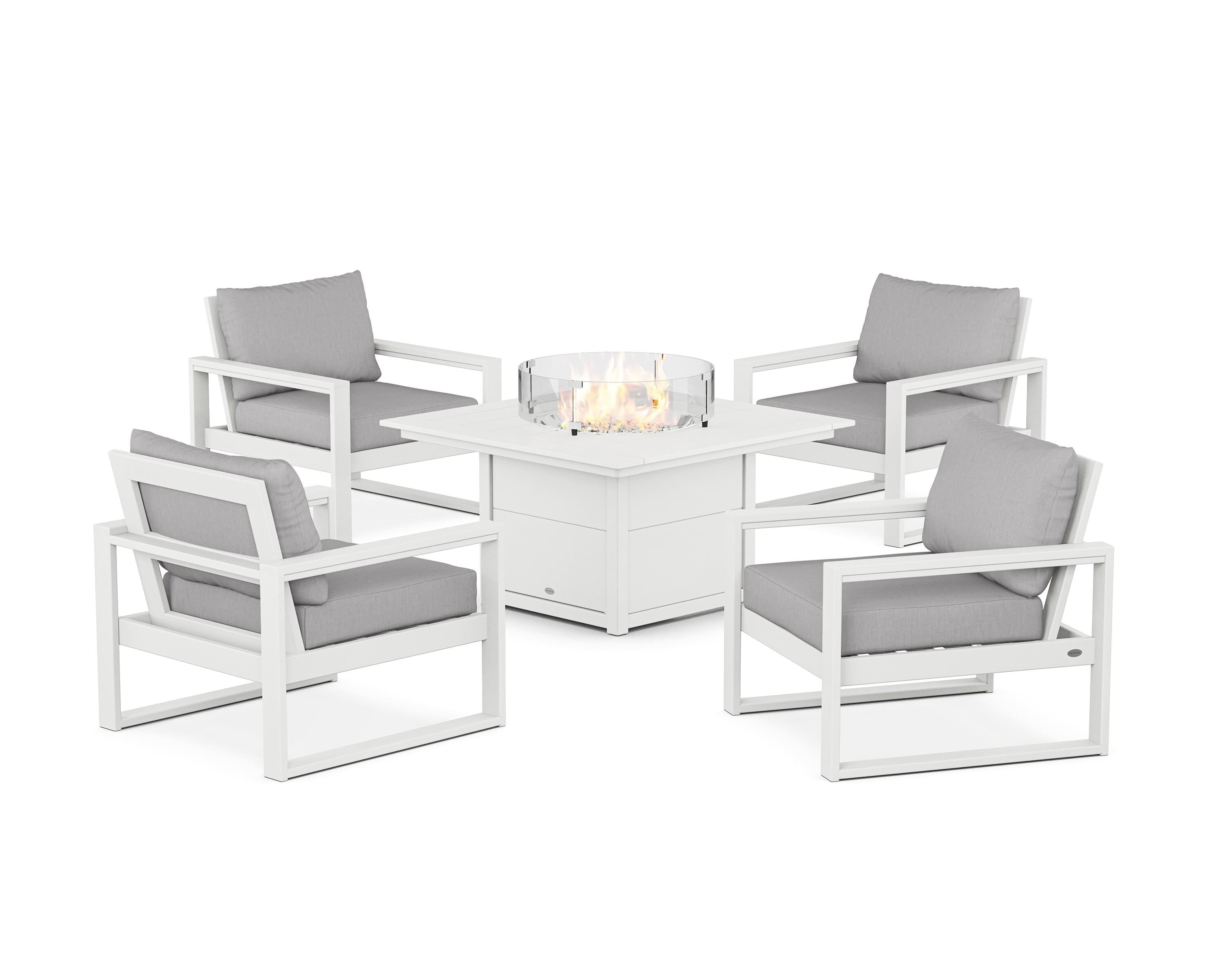 POLYWOOD® EDGE Sectional 5-Piece Deep Seating Set with Fire Pit Table in White / Granite