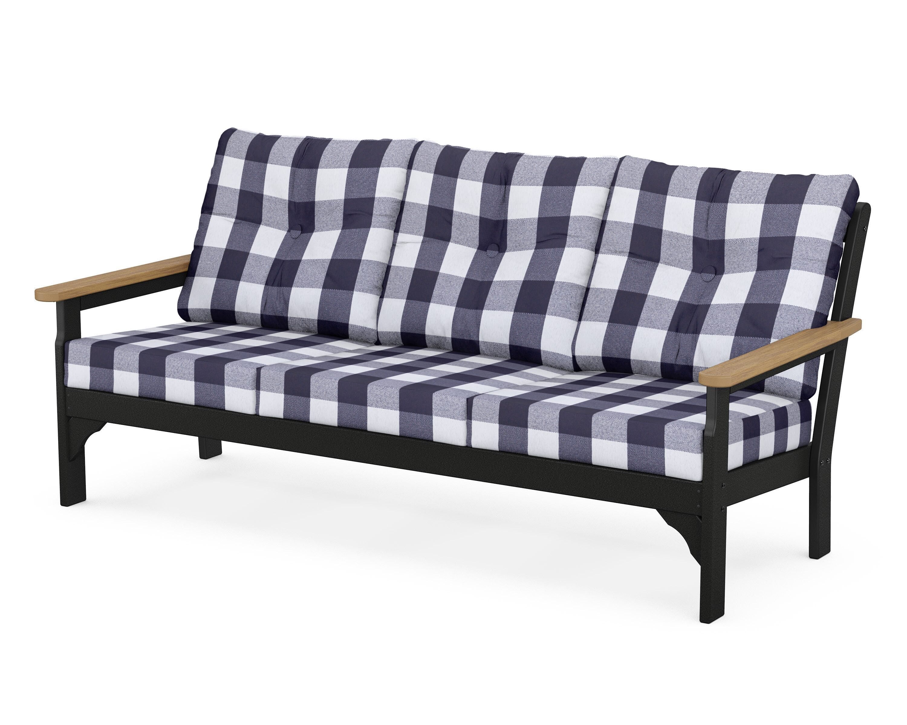 POLYWOOD® Vineyard Deep Seating Sofa in Black / Natural / Buffalo Plaid Navy