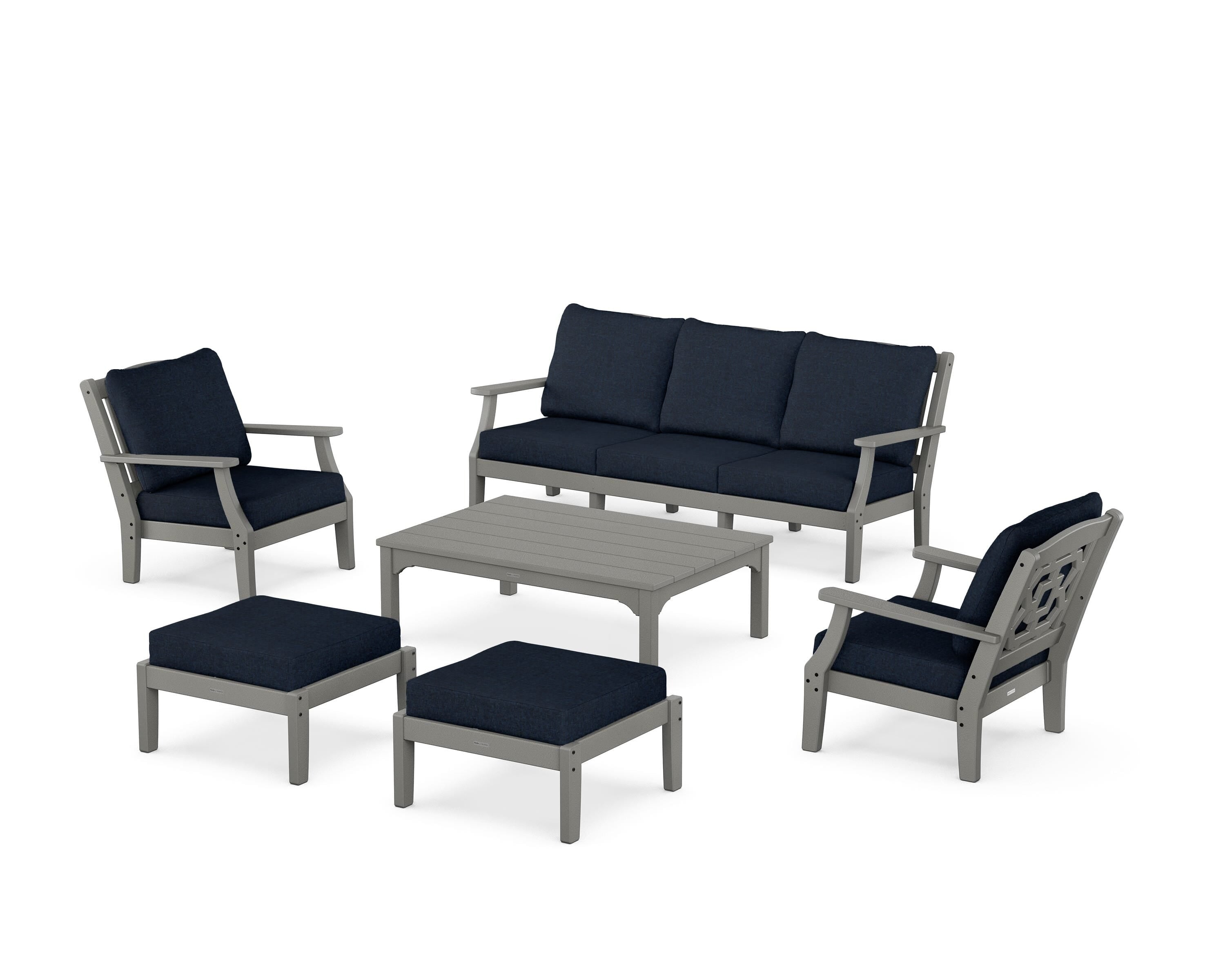 Martha Stewart by POLYWOOD® Chinoiserie 6-Piece Lounge Sofa Set in Slate Grey / Marine Indigo