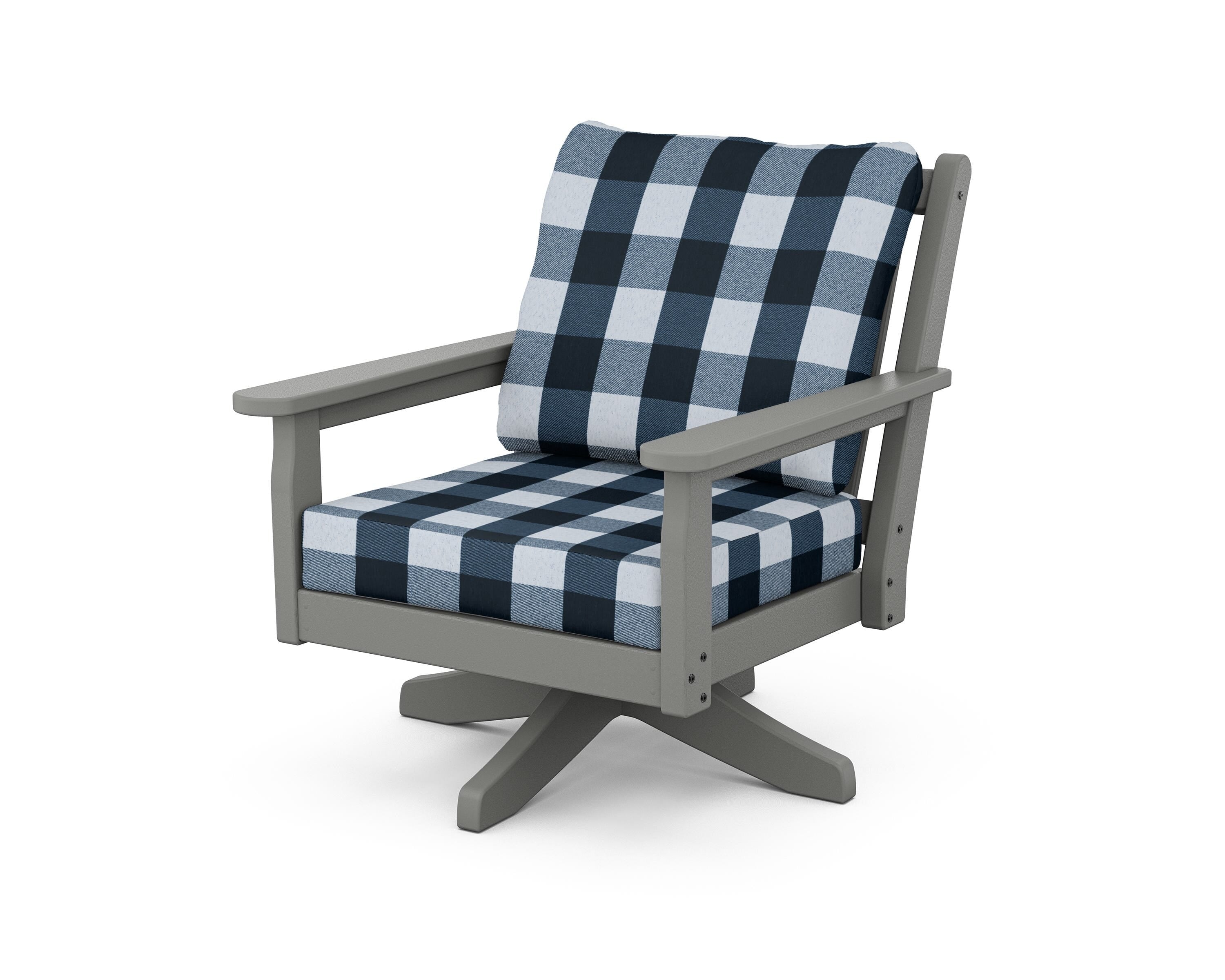 POLYWOOD® Chippendale Deep Seating Swivel Chair in Slate Grey / Buffalo Plaid Marine Indigo