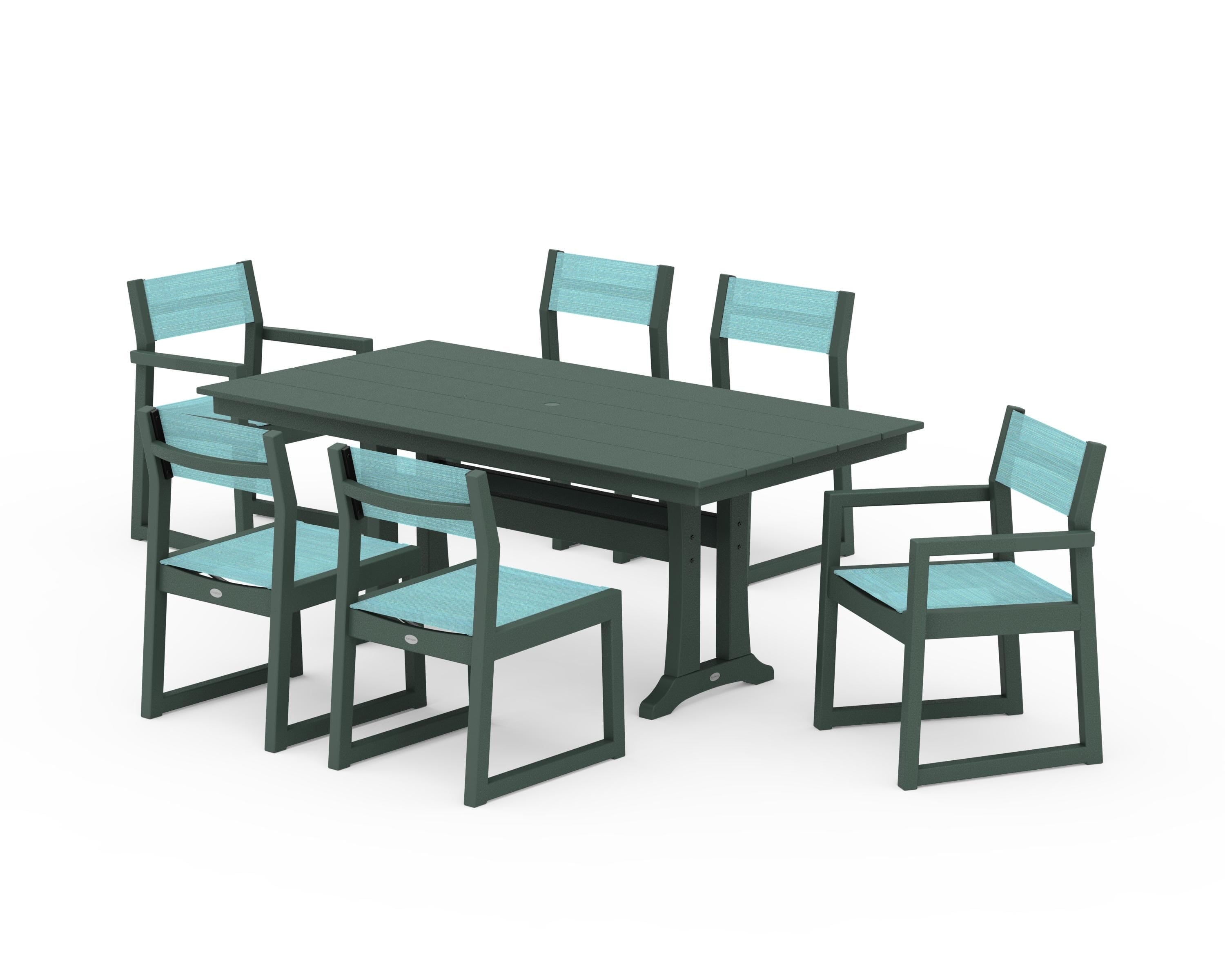 POLYWOOD® EDGE Sling 7-Piece Farmhouse Trestle Dining Set in Green / Dupioni Aquamarine Sling