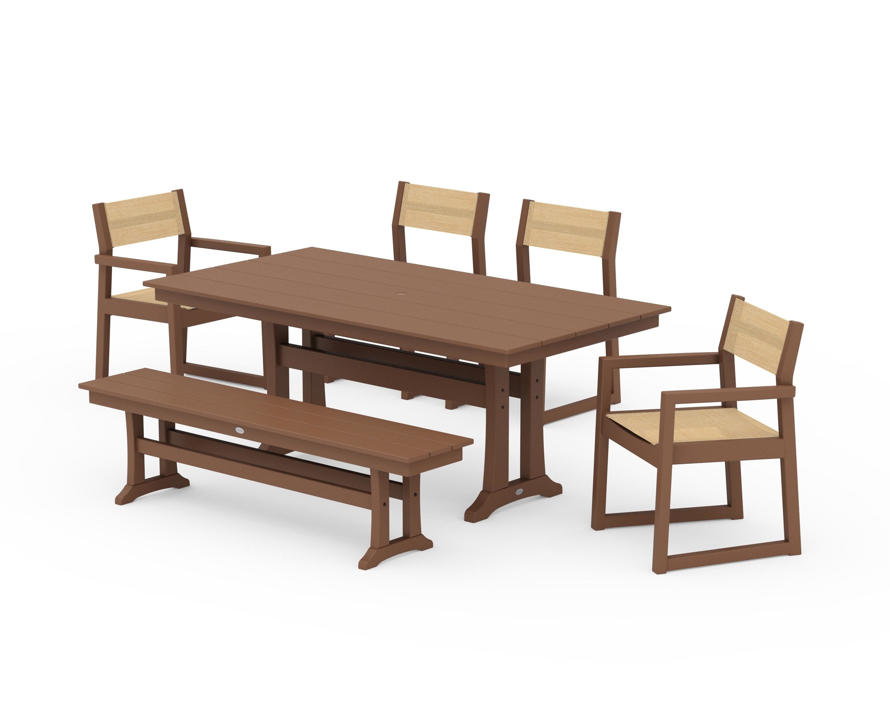POLYWOOD® EDGE Sling 6-Piece Farmhouse Dining Set With Trestle Legs in Teak / Dupioni Apricot Sling