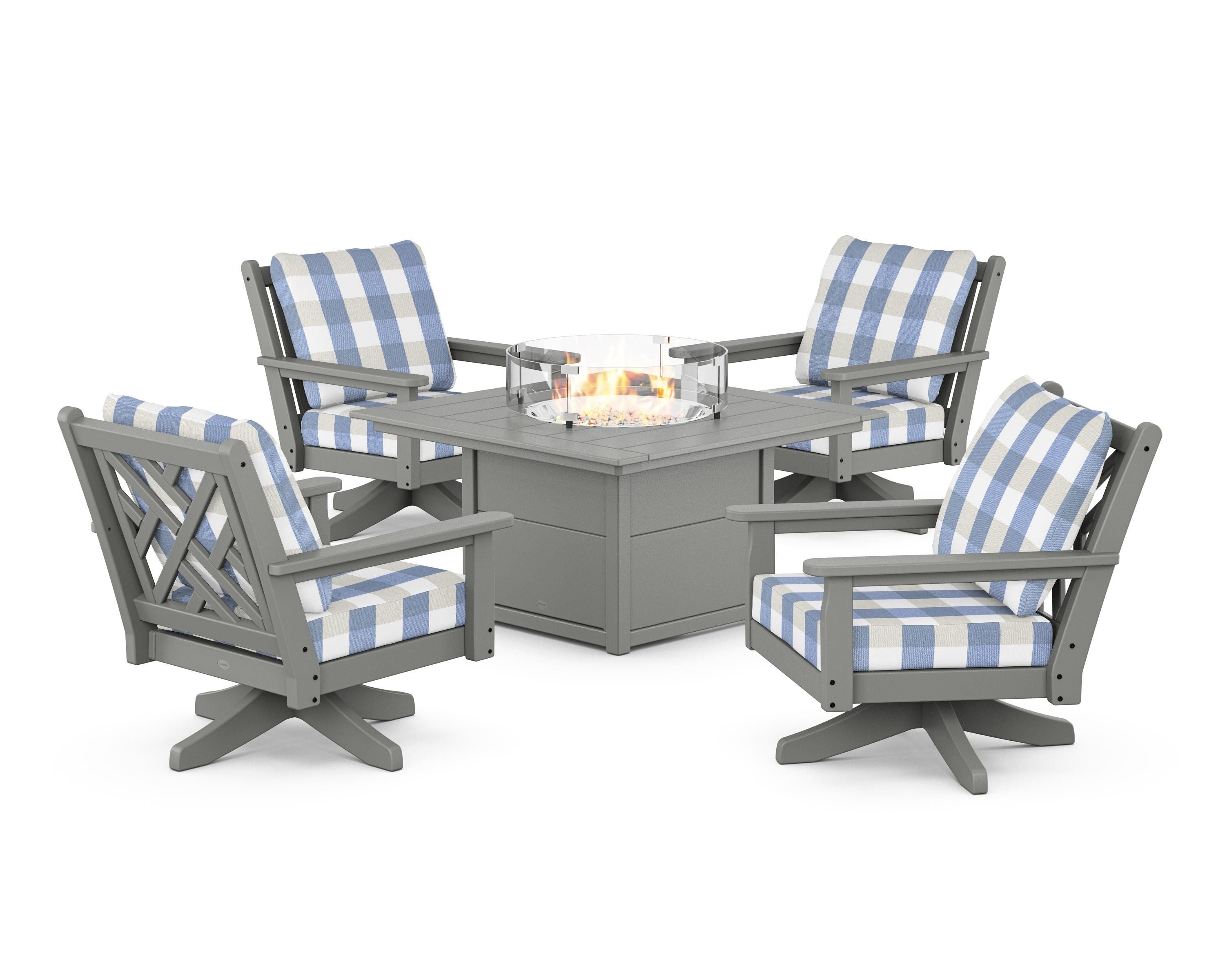 POLYWOOD® Chippendale 5-Piece Deep Seating Swivel Conversation Set with Fire Pit Table in Slate Grey / Buffalo Plaid Sky Blue