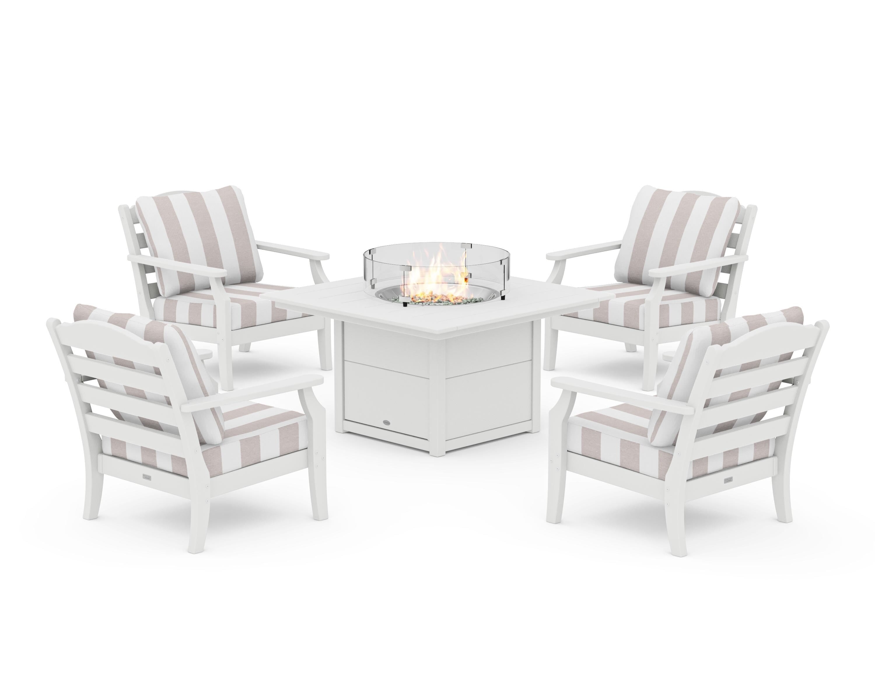 Draper James™ by POLYWOOD® Savannah 5-Piece Deep Seating Set with Fire Pit Table in White / Cabana Stripe Dune Burlap