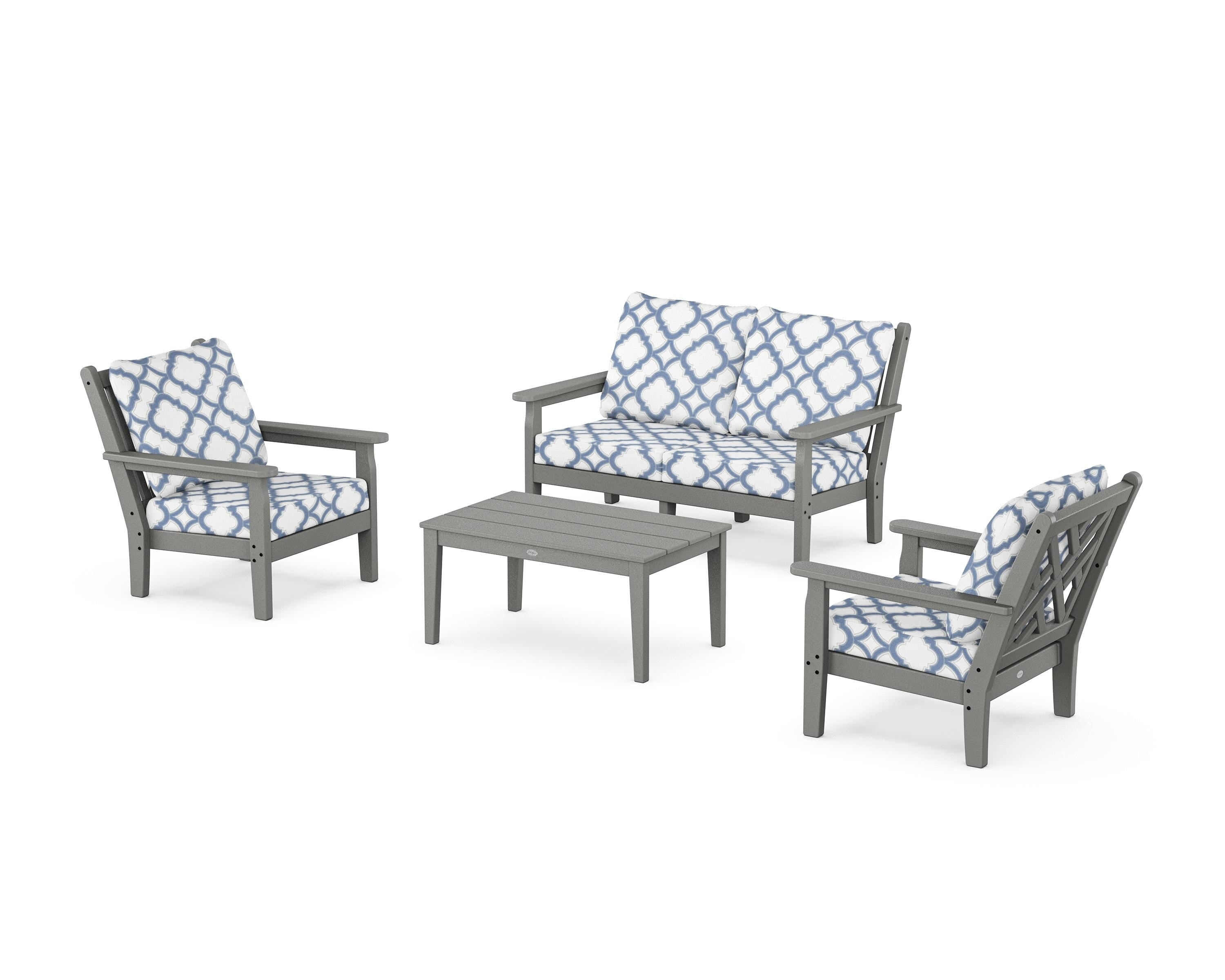 POLYWOOD® Chippendale 4-Piece Deep Seating Set with Loveseat in Slate Grey / Trellis Sky Blue