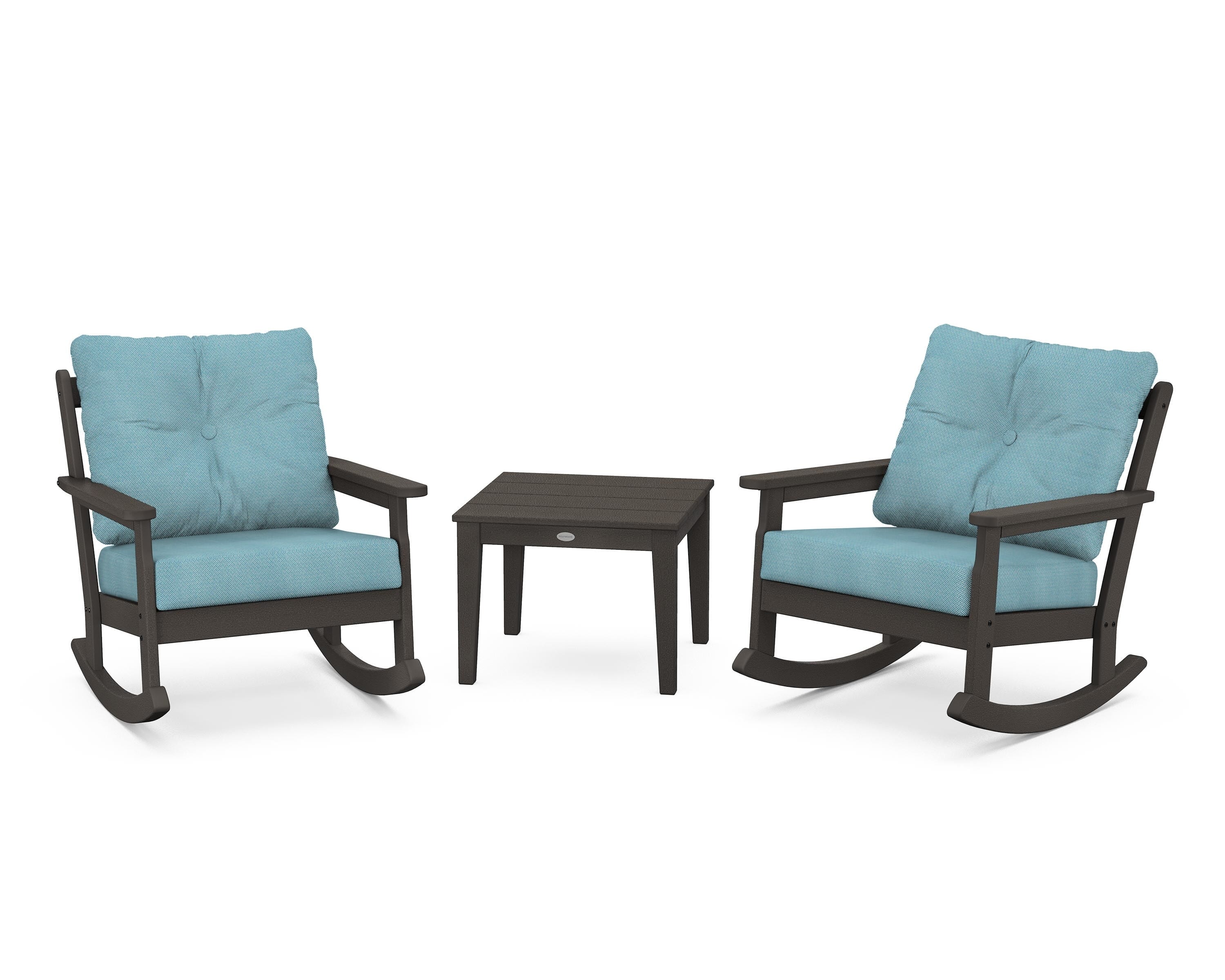 POLYWOOD® Vineyard 3-Piece Deep Seating Rocker Set in Vintage Coffee / Lattice Sky Blue