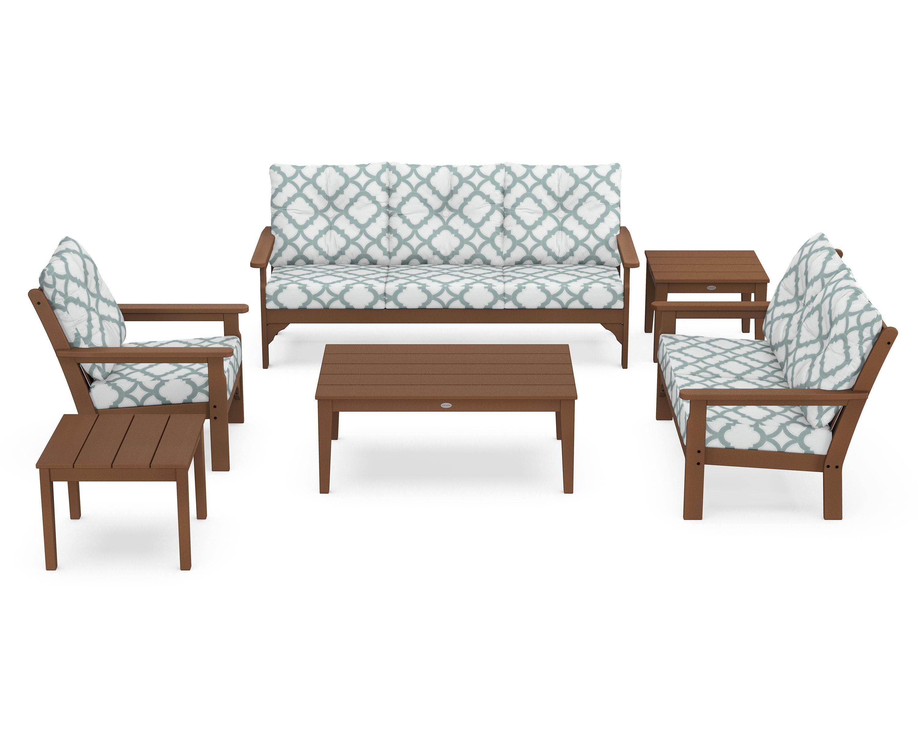 POLYWOOD® Vineyard 6-Piece Deep Seating Set in Teak / Trellis Glacier Spa