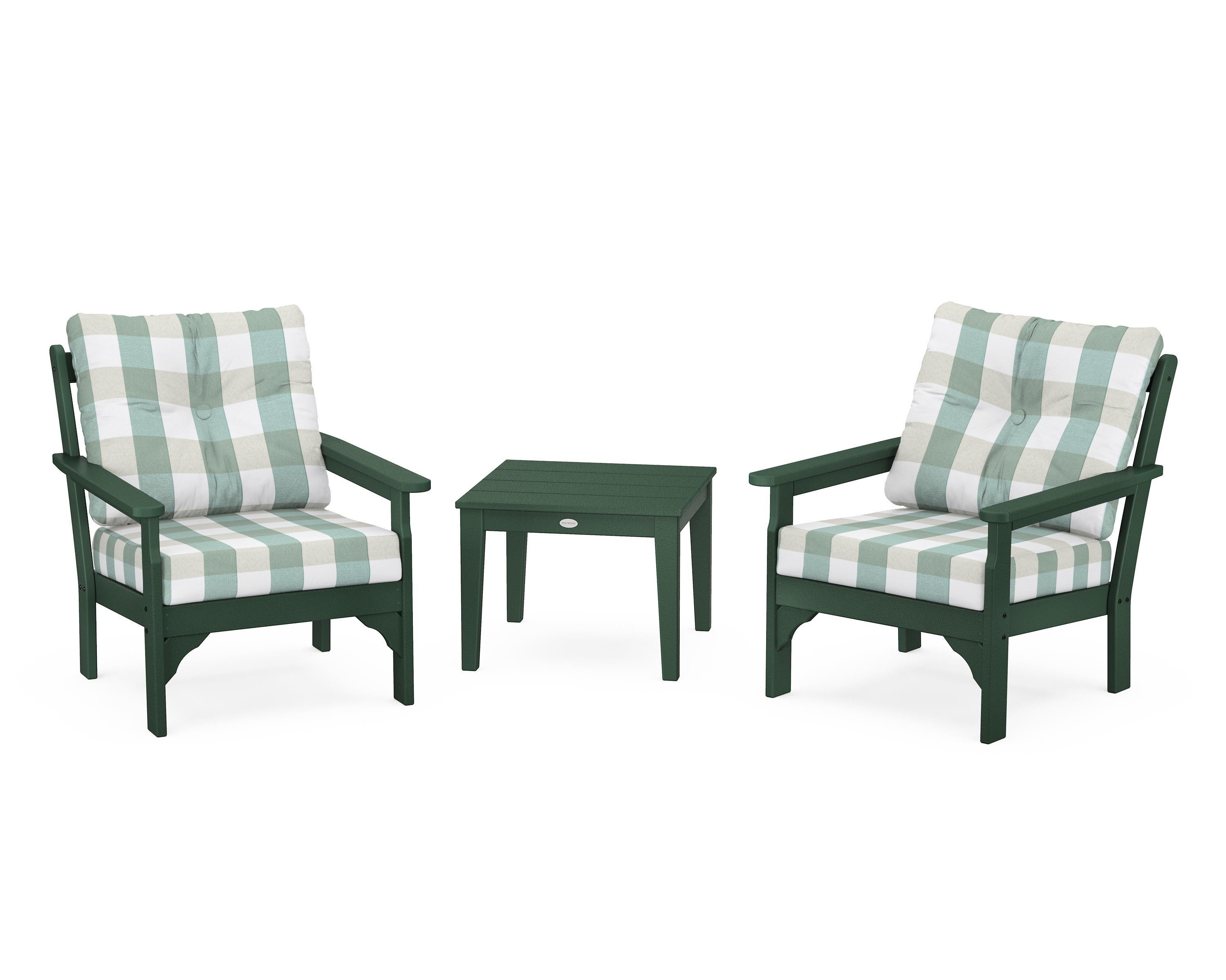 POLYWOOD® Vineyard 3-Piece Deep Seating Set in Green / Buffalo Plaid Glacier Spa