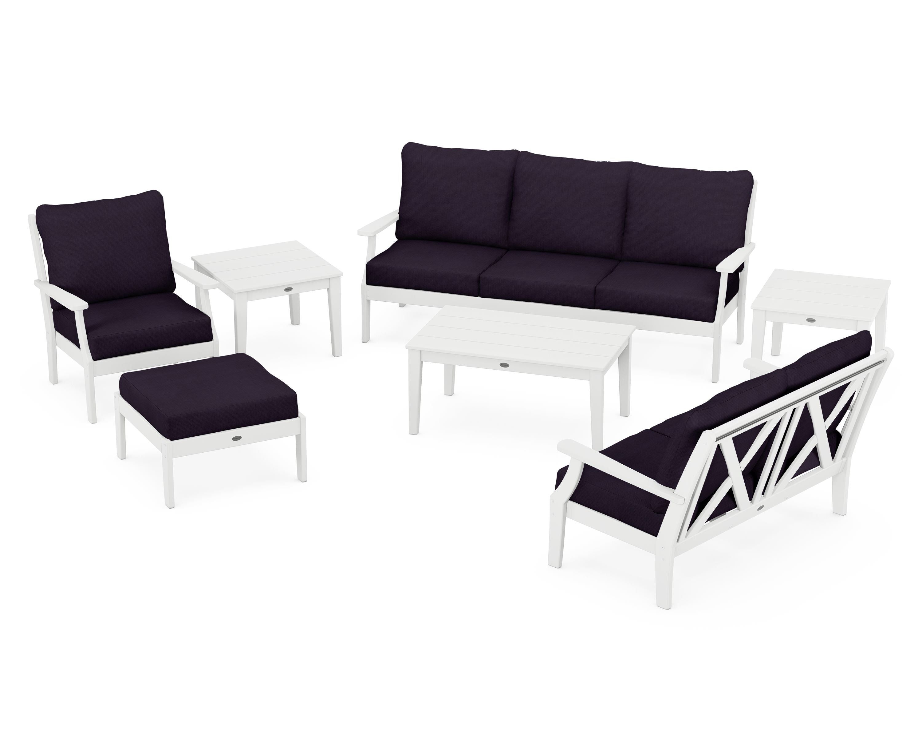 POLYWOOD® Braxton 7-Piece Deep Seating Set in White / Navy Linen