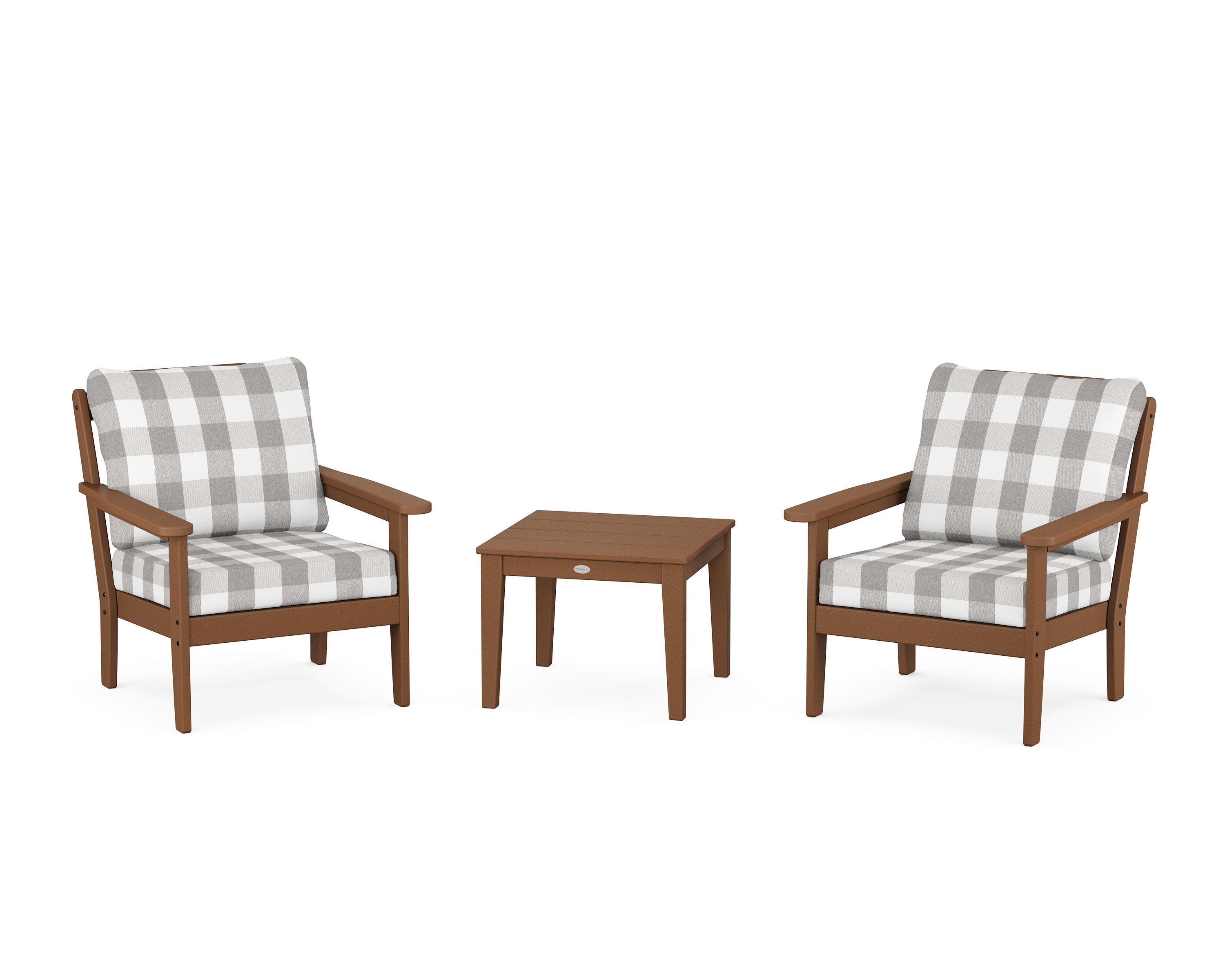 Country Living Cottage 3-Piece Deep Seating Set in Teak / Buffalo Plaid Grey Mist