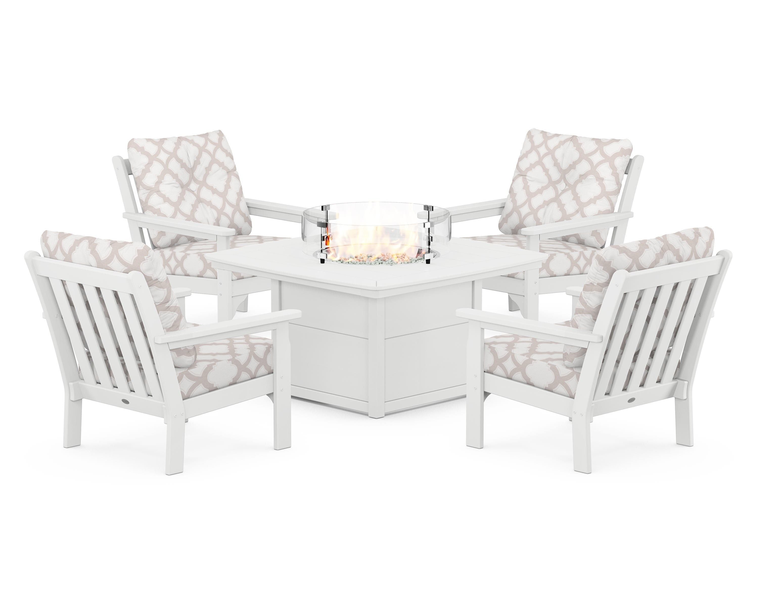 POLYWOOD® Vineyard 5-Piece Conversation Set with Fire Pit Table in White / Trellis Dune Burlap