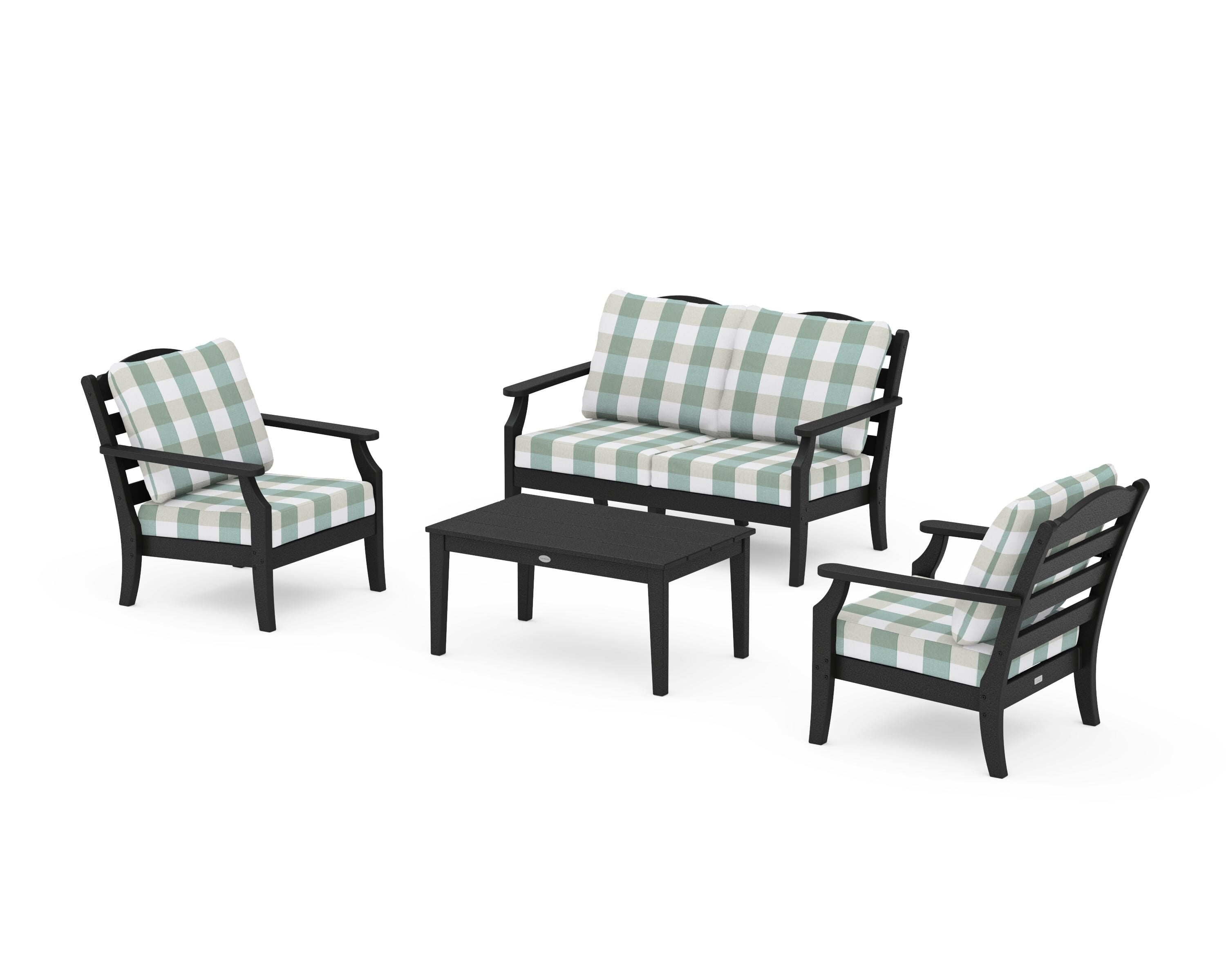 Draper James™ by POLYWOOD® Savannah 4-Piece Deep Seating Set with Loveseat in Black / Buffalo Plaid Glacier Spa