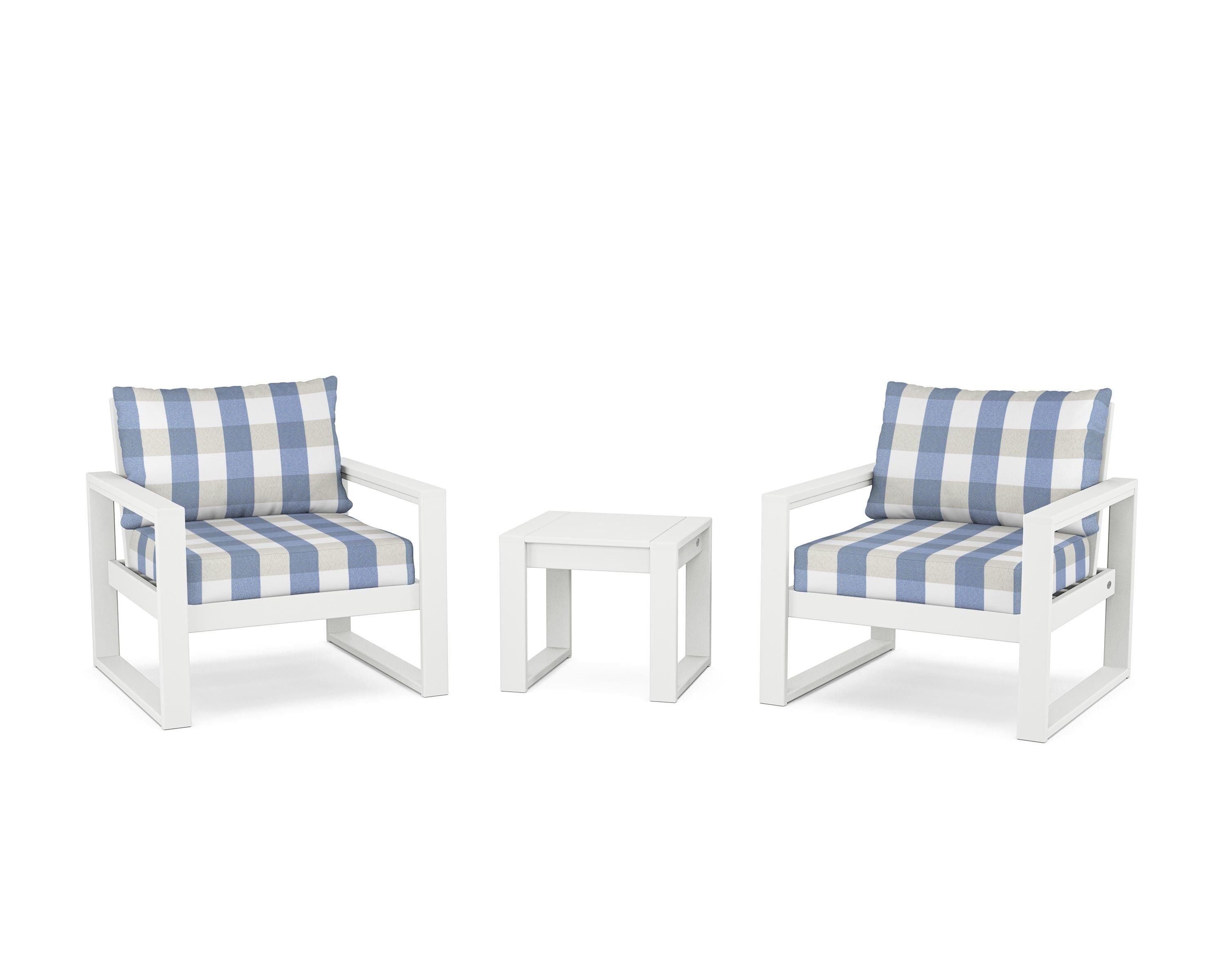 POLYWOOD® EDGE Sectional 3-Piece Deep Seating Set in White / Buffalo Plaid Sky Blue