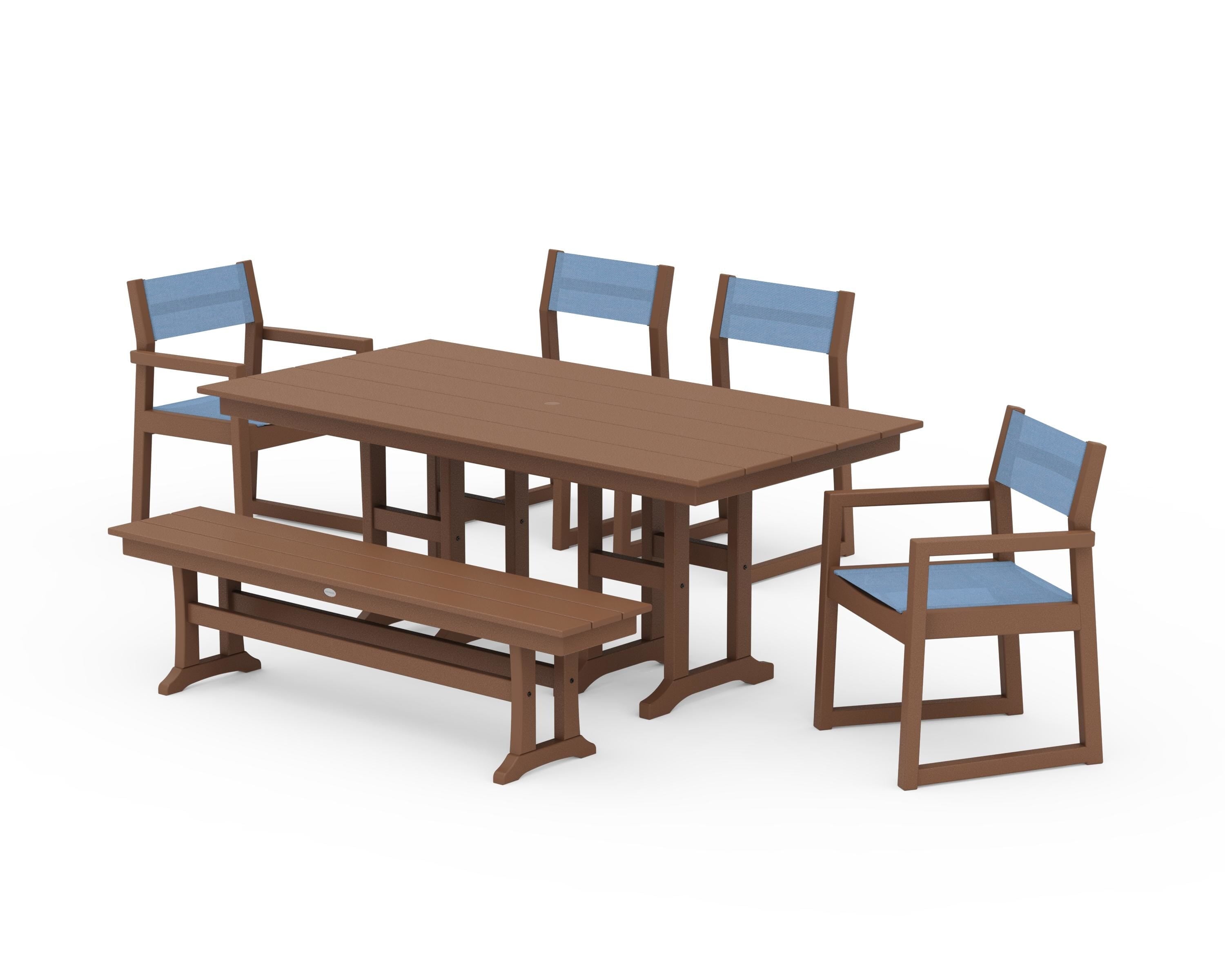 POLYWOOD® EDGE Sling 6-Piece Farmhouse Dining Set in Teak / Poolside Sling