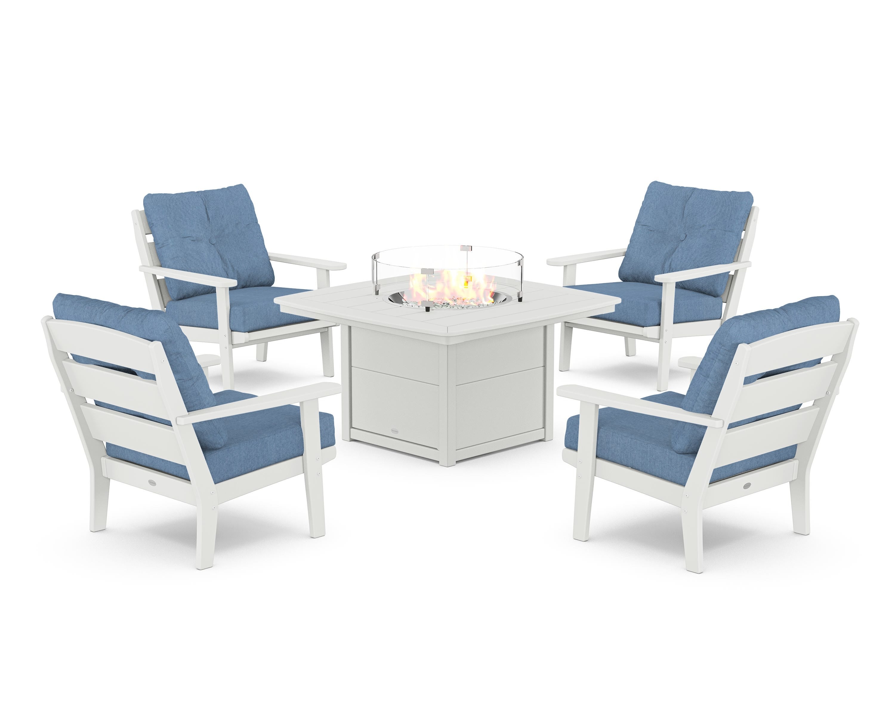 POLYWOOD® Lakeside 5-Piece Deep Seating Set with Nautical Fire Pit Table in White / Sky Blue