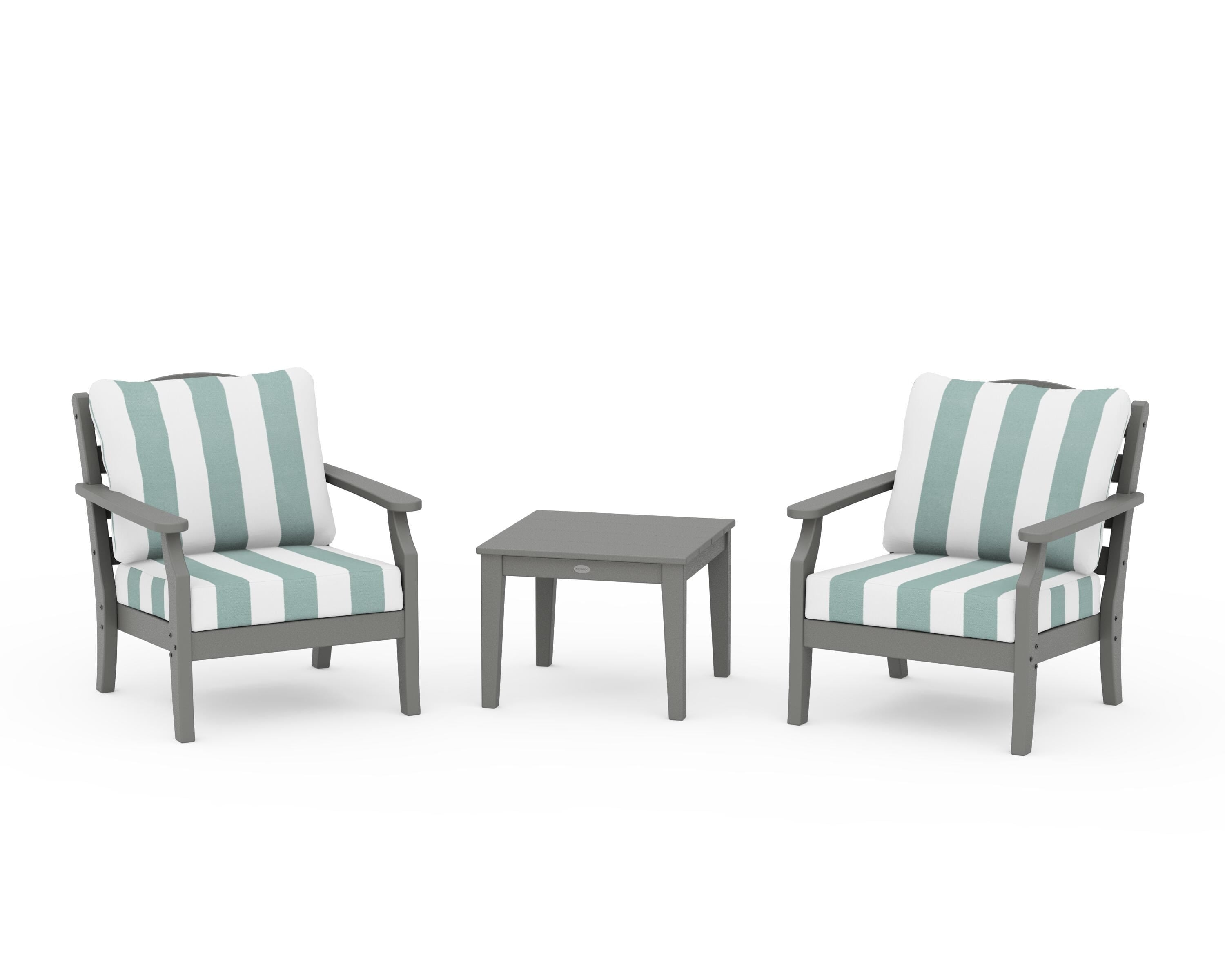 Draper James™ by POLYWOOD® Savannah 3-Piece Deep Seating Set in Slate Grey / Cabana Stripe Glacier Spa