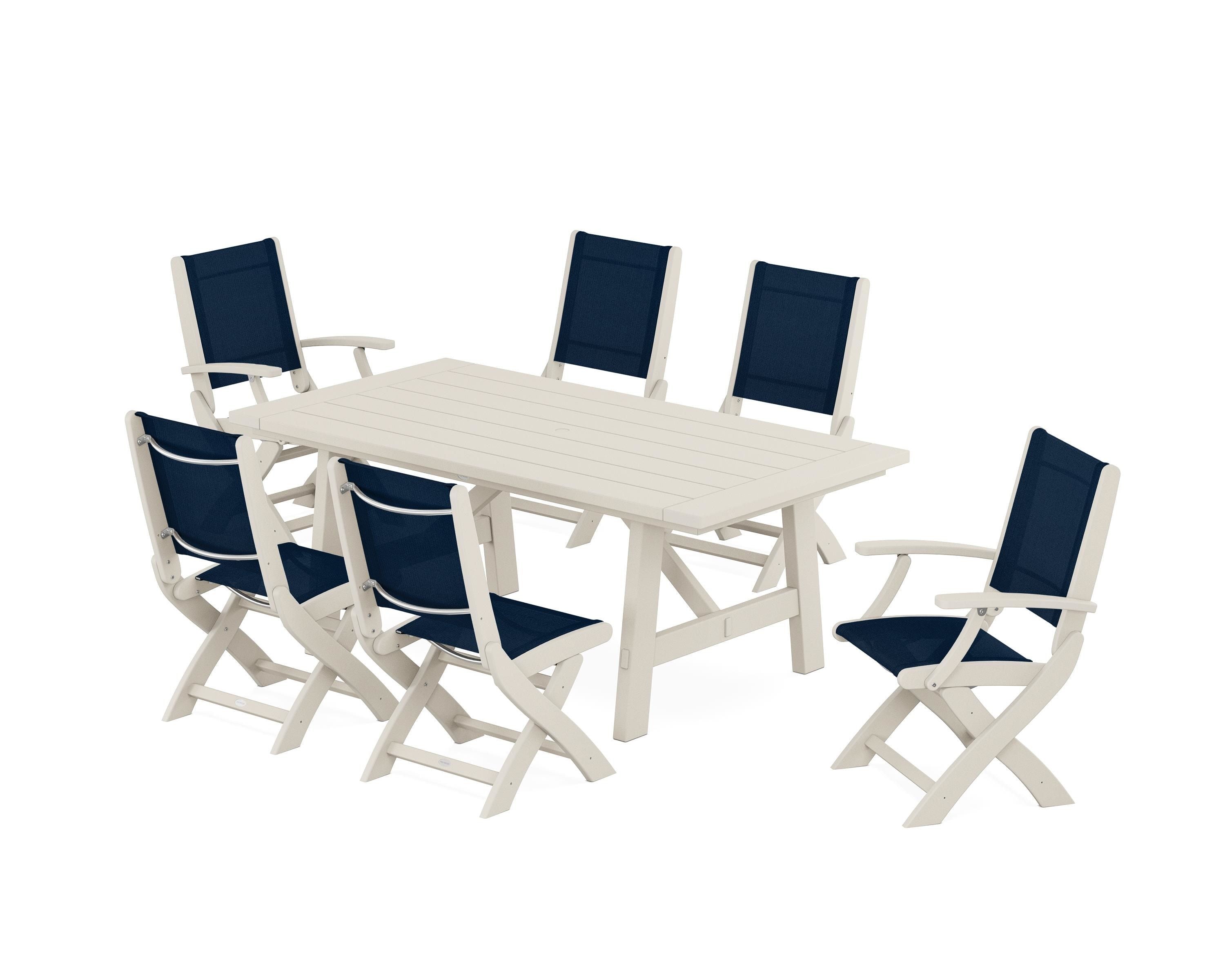 POLYWOOD® Coastal Folding Chair 7-Piece Rustic Farmhouse Dining Set in Sand / Navy Blue Sling