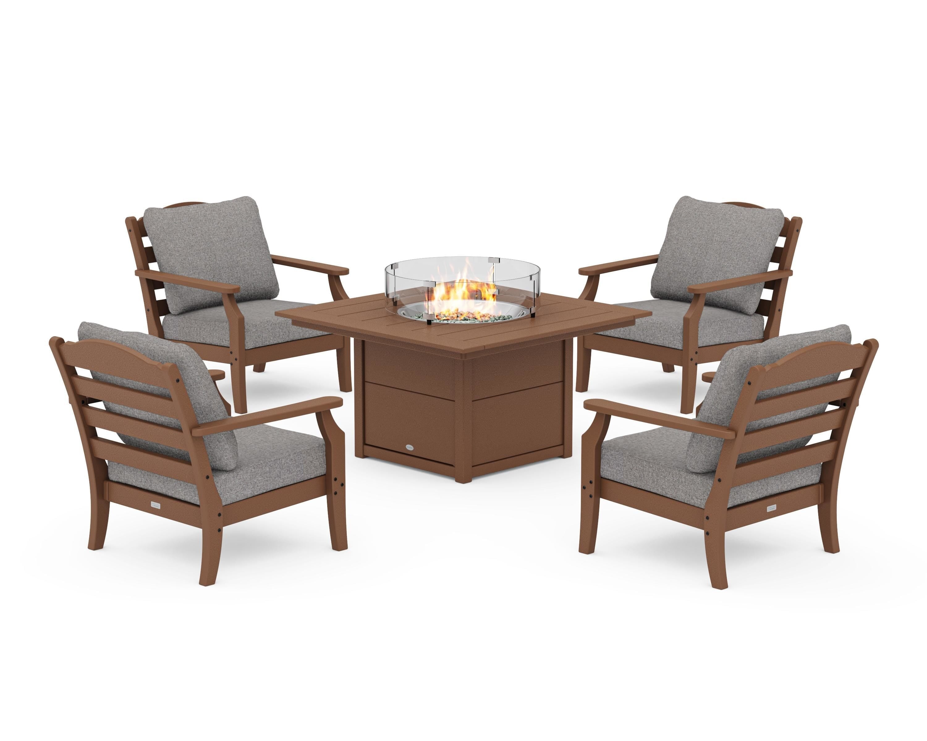 Draper James™ by POLYWOOD® Savannah 5-Piece Deep Seating Set with Fire Pit Table in Teak / Grey Mist