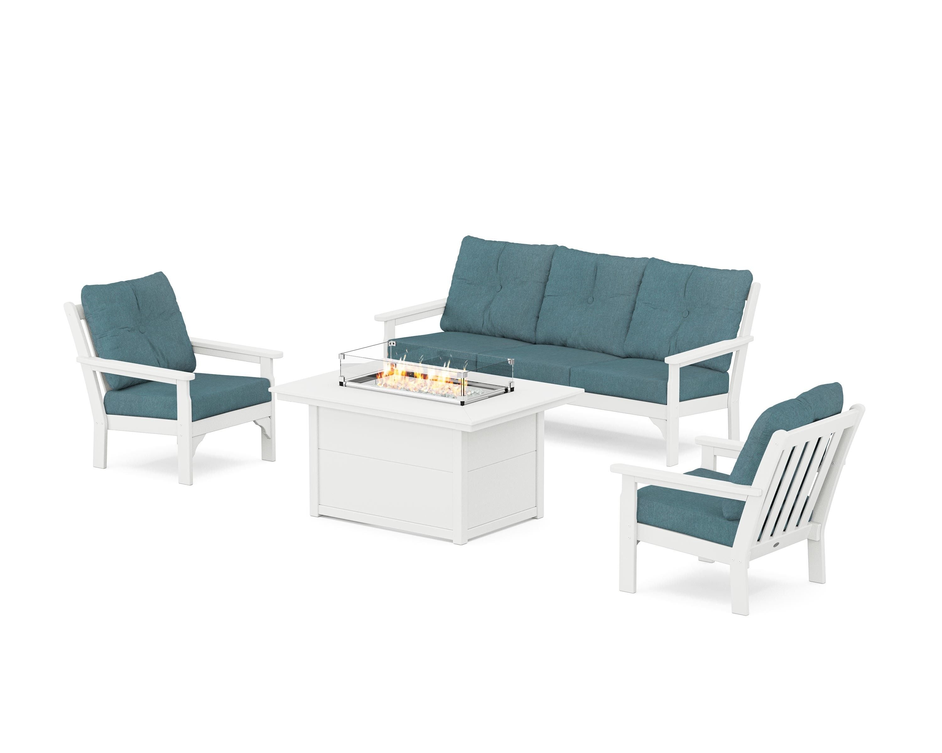 POLYWOOD® Vineyard Deep Seating Fire Pit Table Set in White / Ocean Teal
