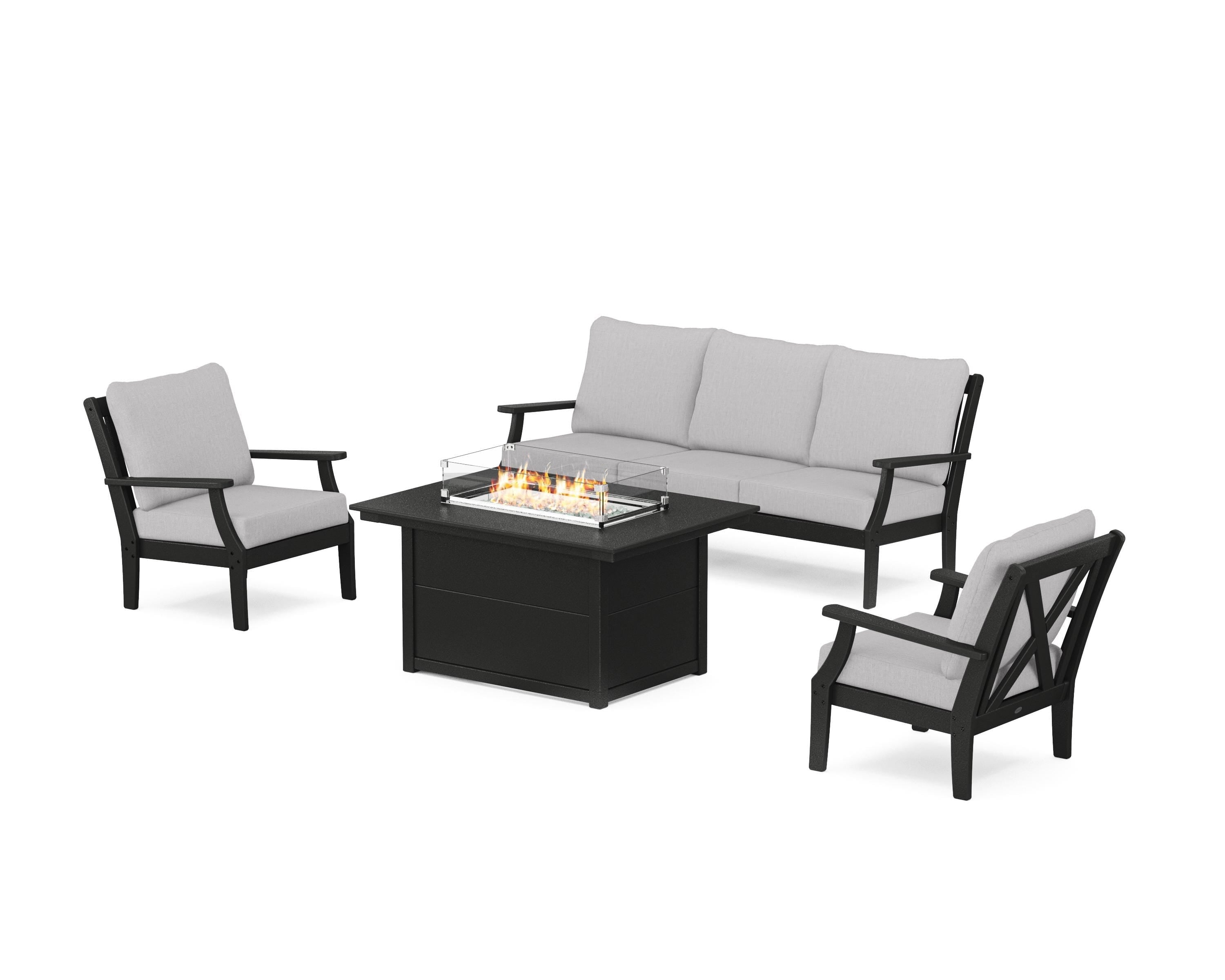 POLYWOOD® Braxton Deep Seating Fire Pit Table Set in Black / Granite