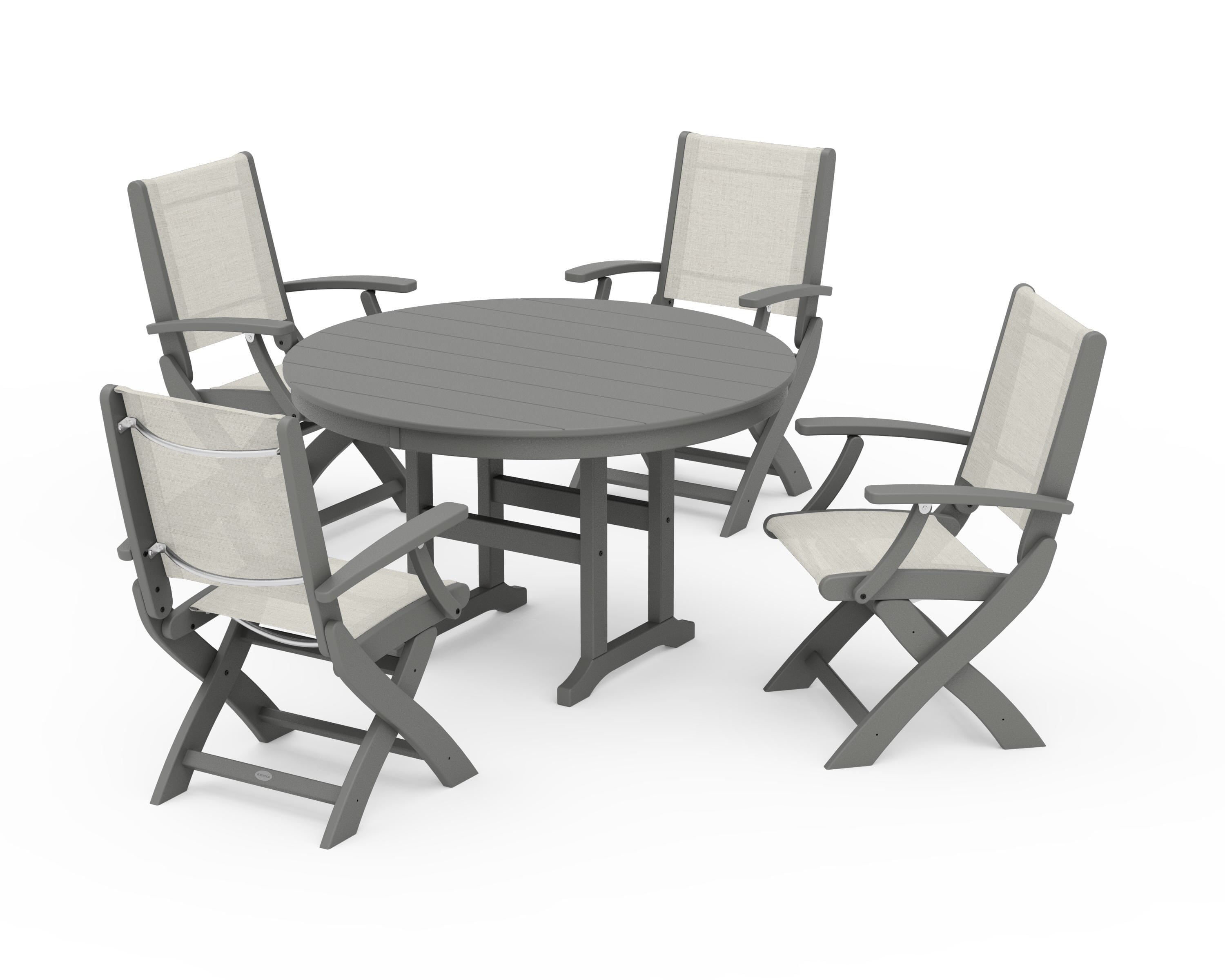 POLYWOOD® Coastal Folding Chair 5-Piece Round Dining Set in Slate Grey / Parchment Sling