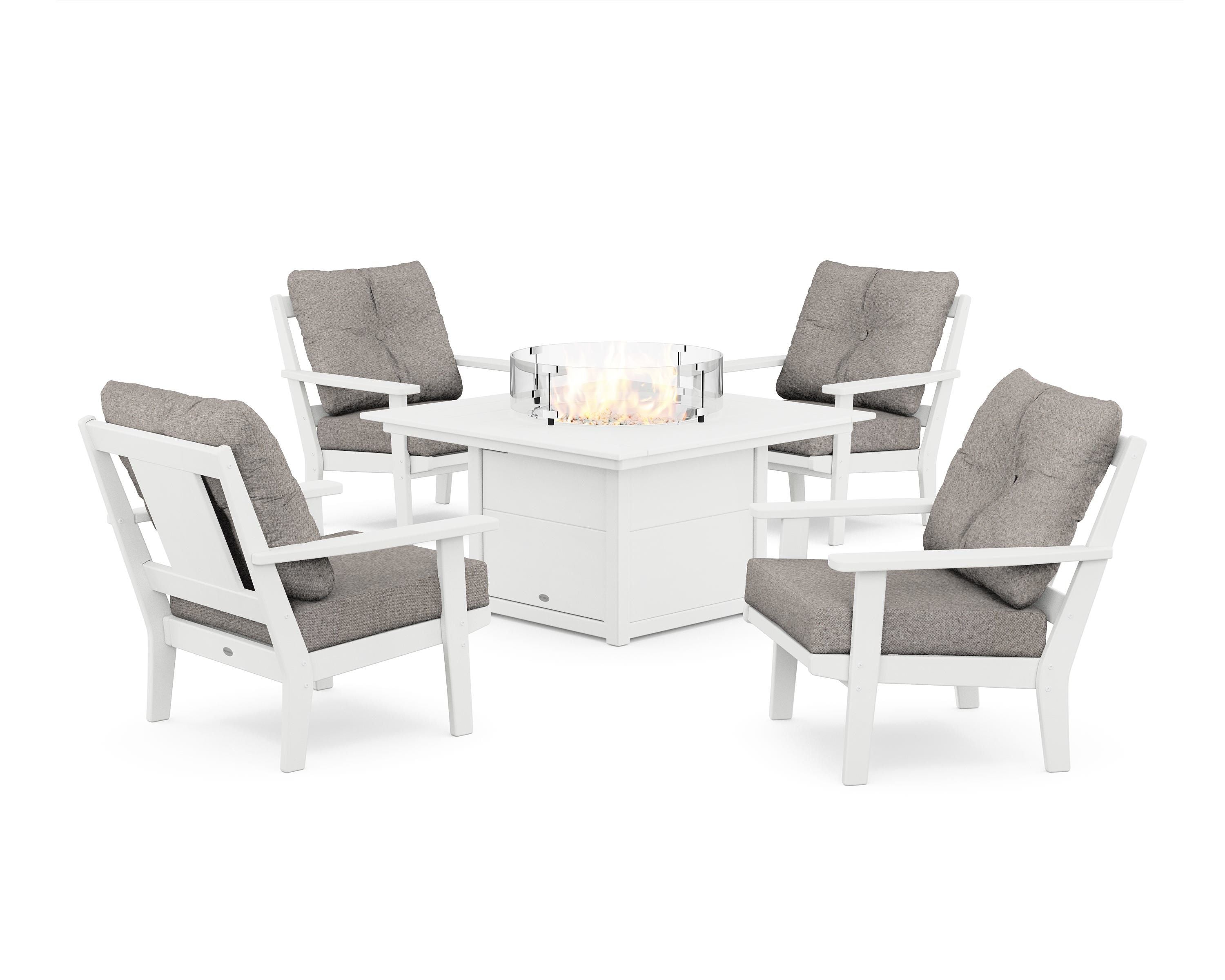 POLYWOOD® Prairie 5-Piece Deep Seating Set with Fire Pit Table in White / Weathered Tweed