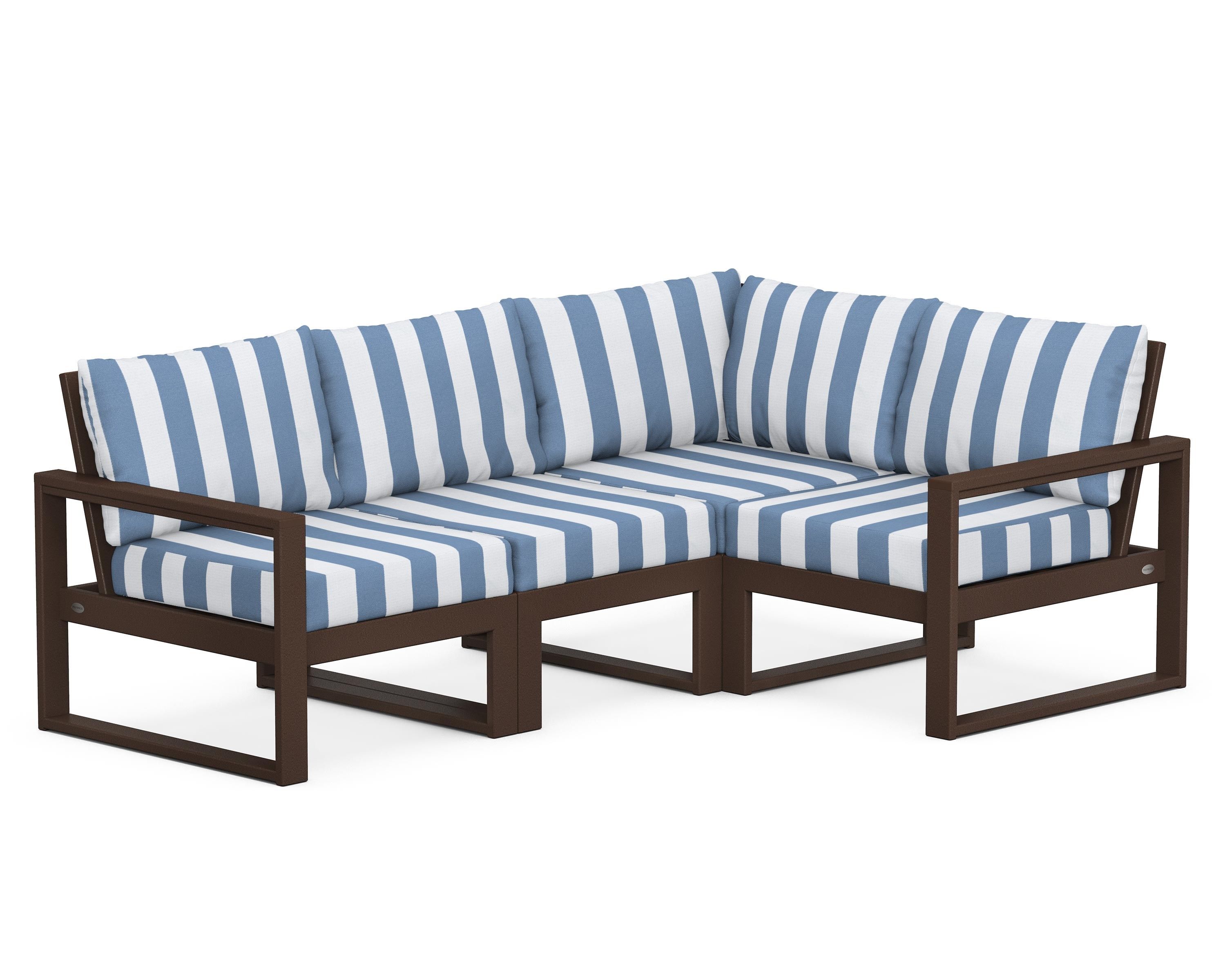 POLYWOOD® EDGE 4-Piece Modular Deep Seating Set in Mahogany / Cabana Stripe Sky Blue