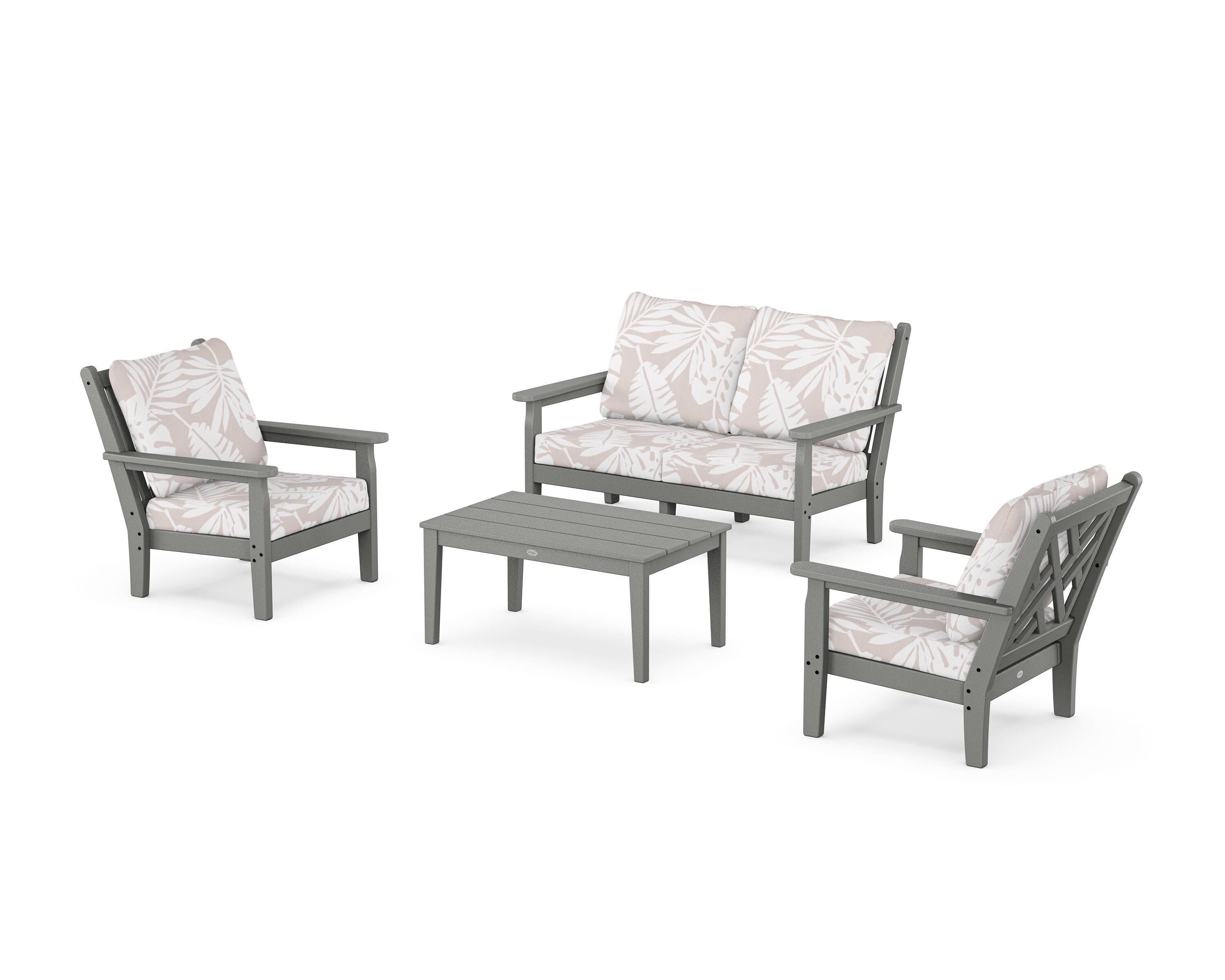 POLYWOOD® Chippendale 4-Piece Deep Seating Set with Loveseat in Slate Grey / Leaf Dune Burlap