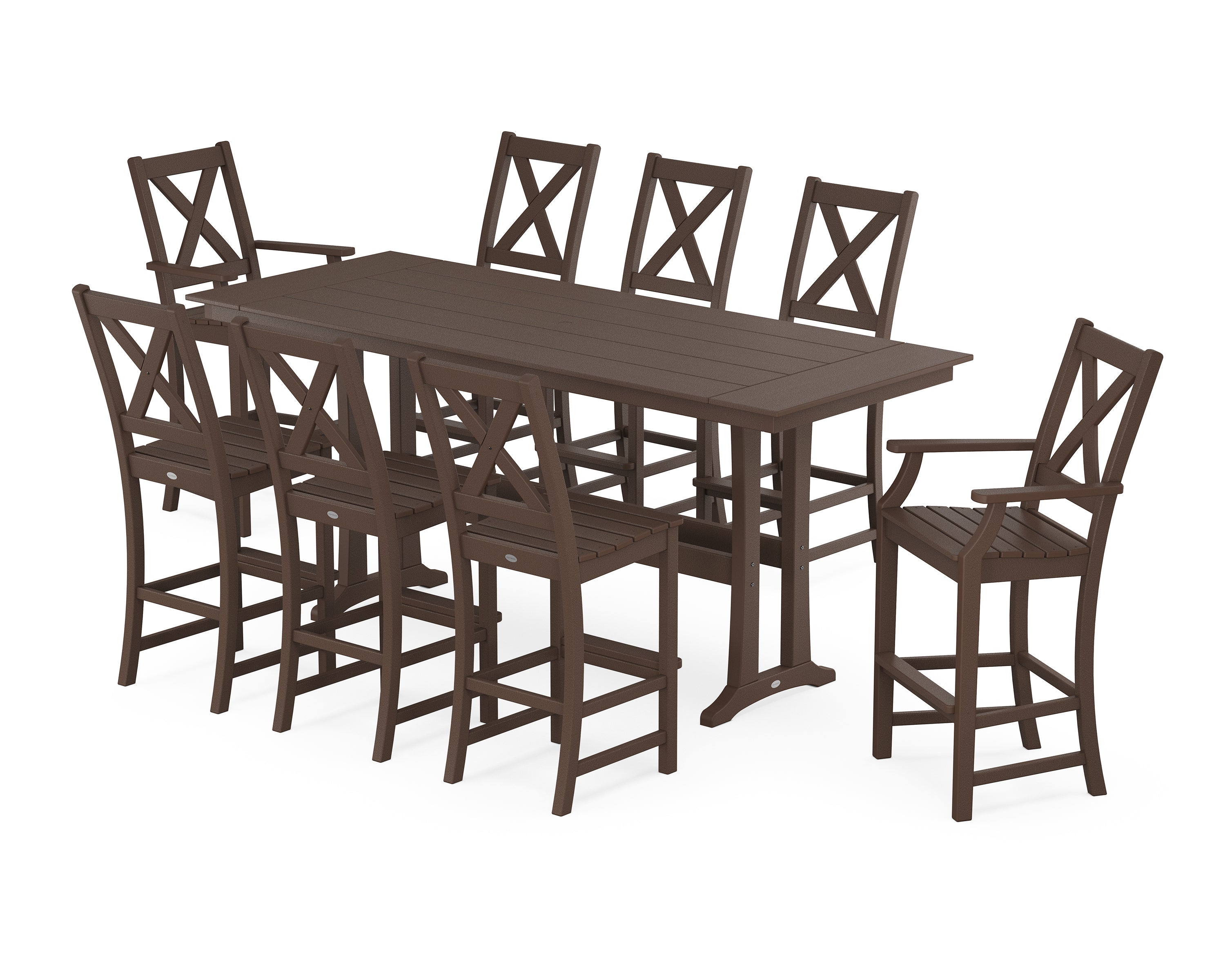 POLYWOOD® Braxton 9-Piece Farmhouse Bar Set with Trestle Legs in Mahogany