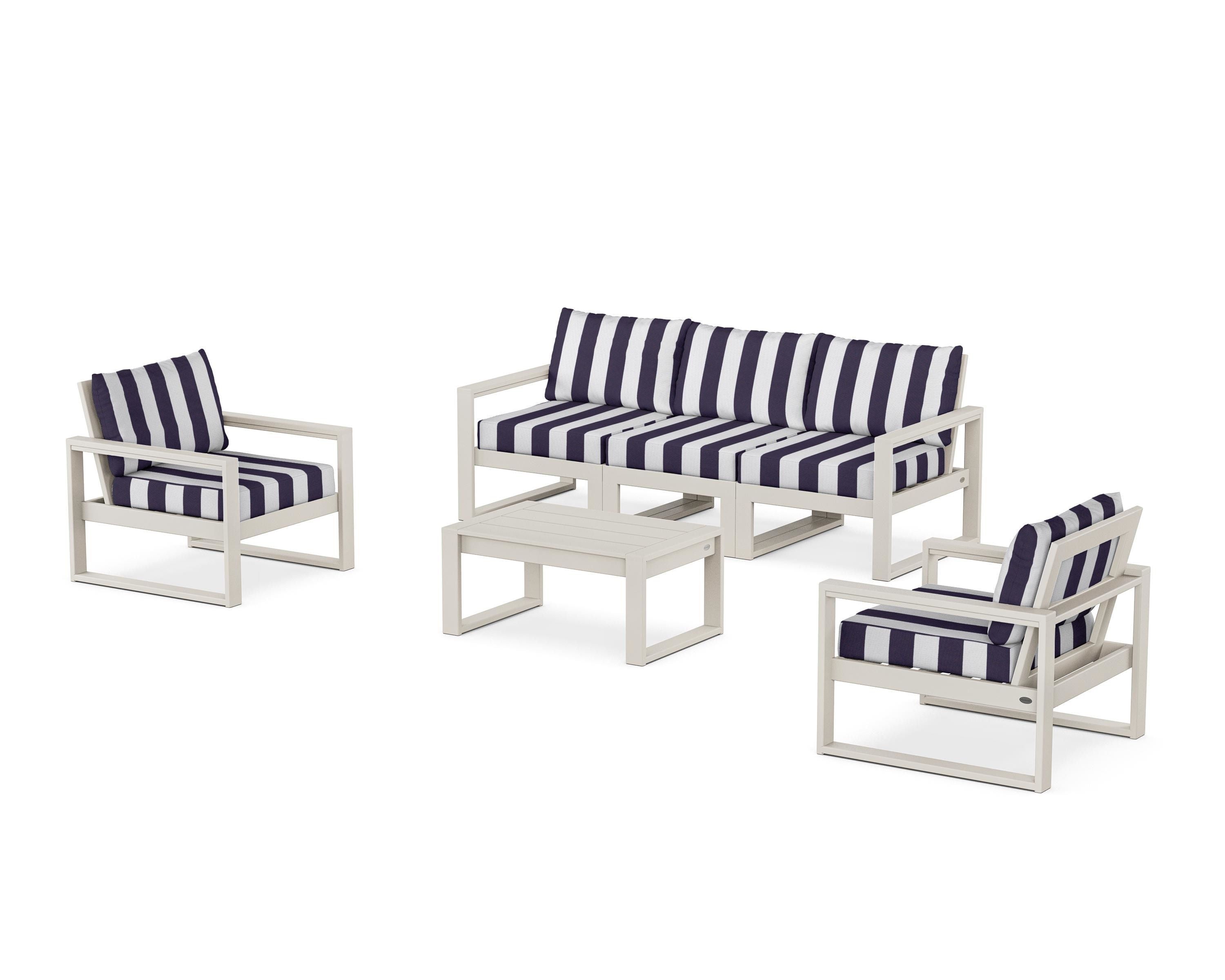 POLYWOOD® EDGE Sectional 4-Piece Deep Seating Set with Sofa in Sand / Cabana Stripe Navy