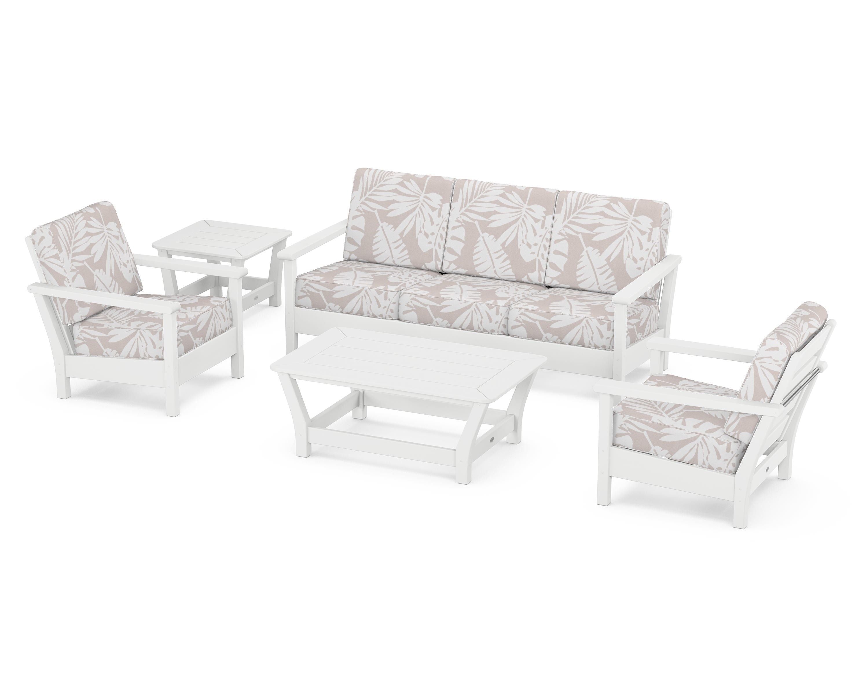 POLYWOOD® Harbour 5-Piece Deep Seating Set in White / Leaf Dune Burlap