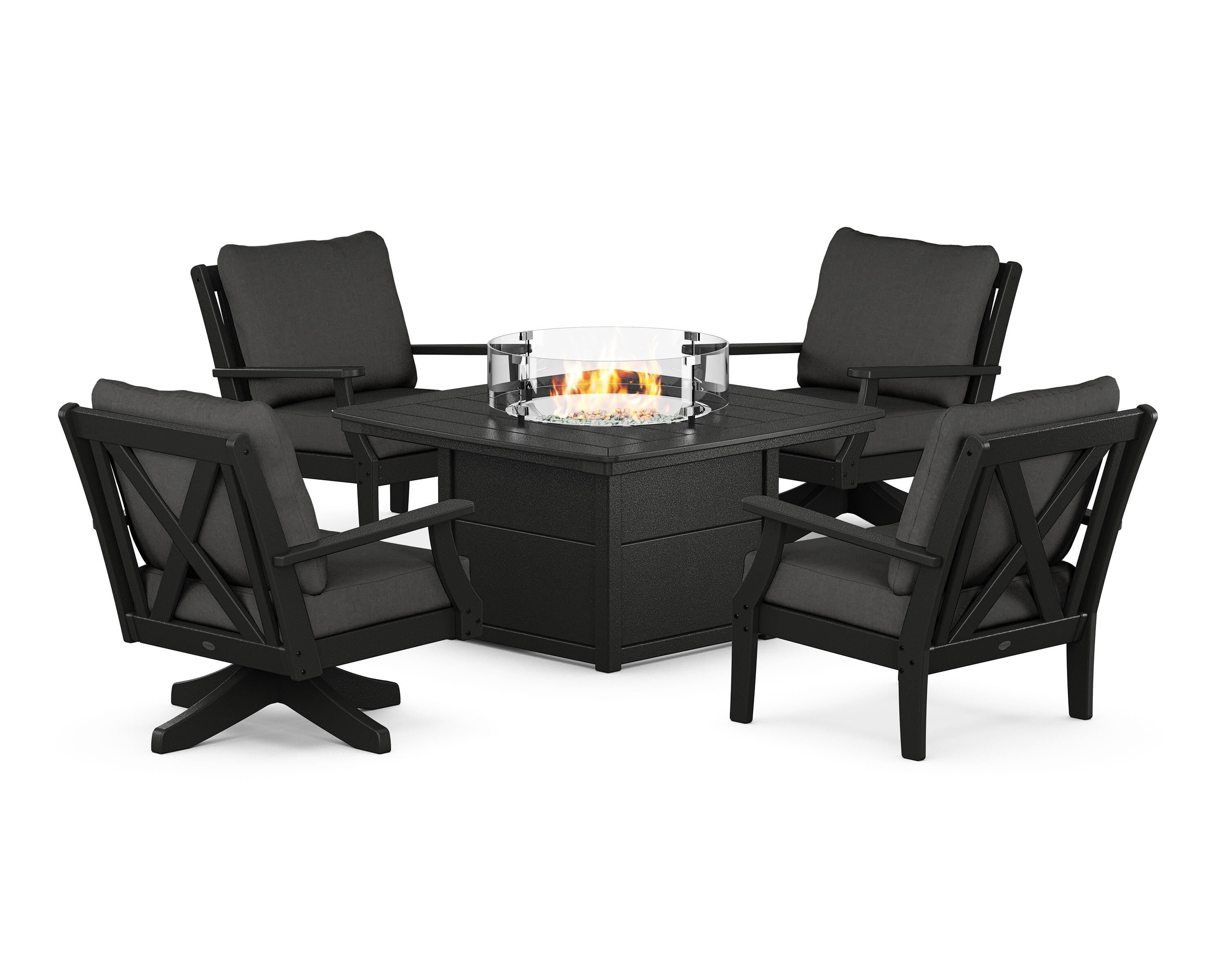 POLYWOOD® Braxton 5-Piece Deep Seating Set with Fire Table in Black / Spectrum Carbon