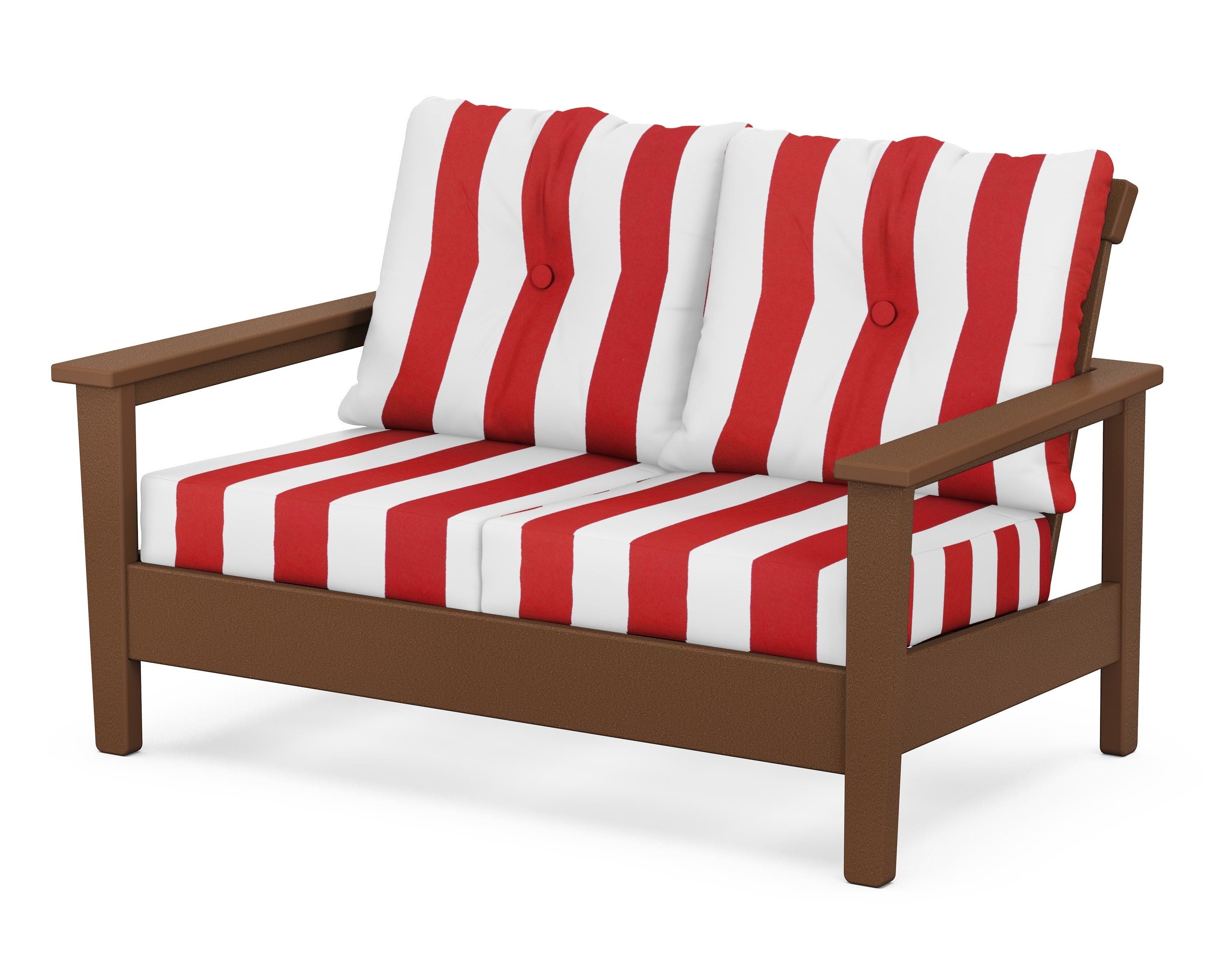 POLYWOOD® Prescott Deep Seating Loveseat in Teak / Cabana Stripe Crimson