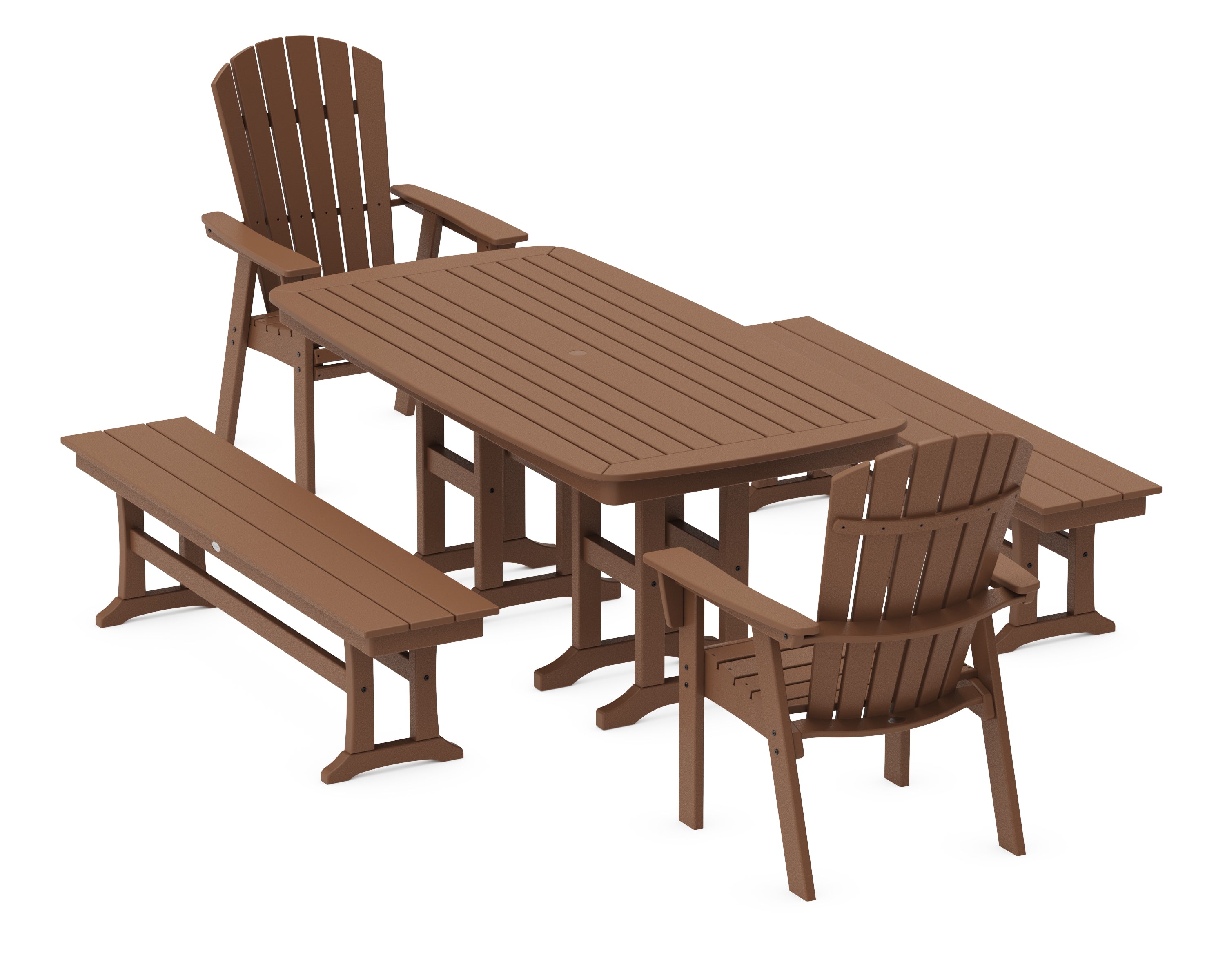 POLYWOOD® Nautical Curveback Adirondack 5-Piece Dining Set with Benches in Teak