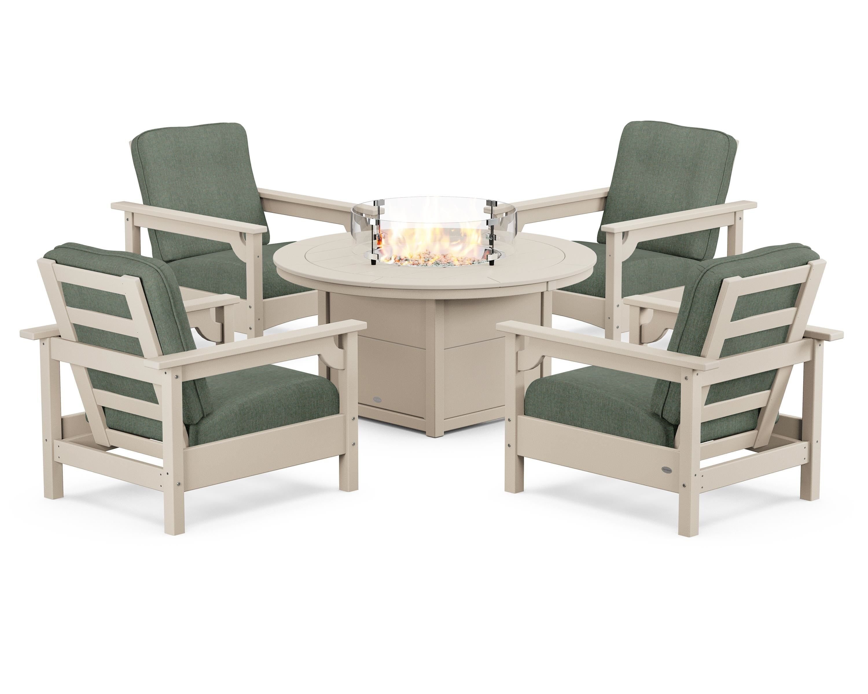 POLYWOOD® Club 5-Piece Conversation Set with Fire Pit Table in Sand / Cast Sage
