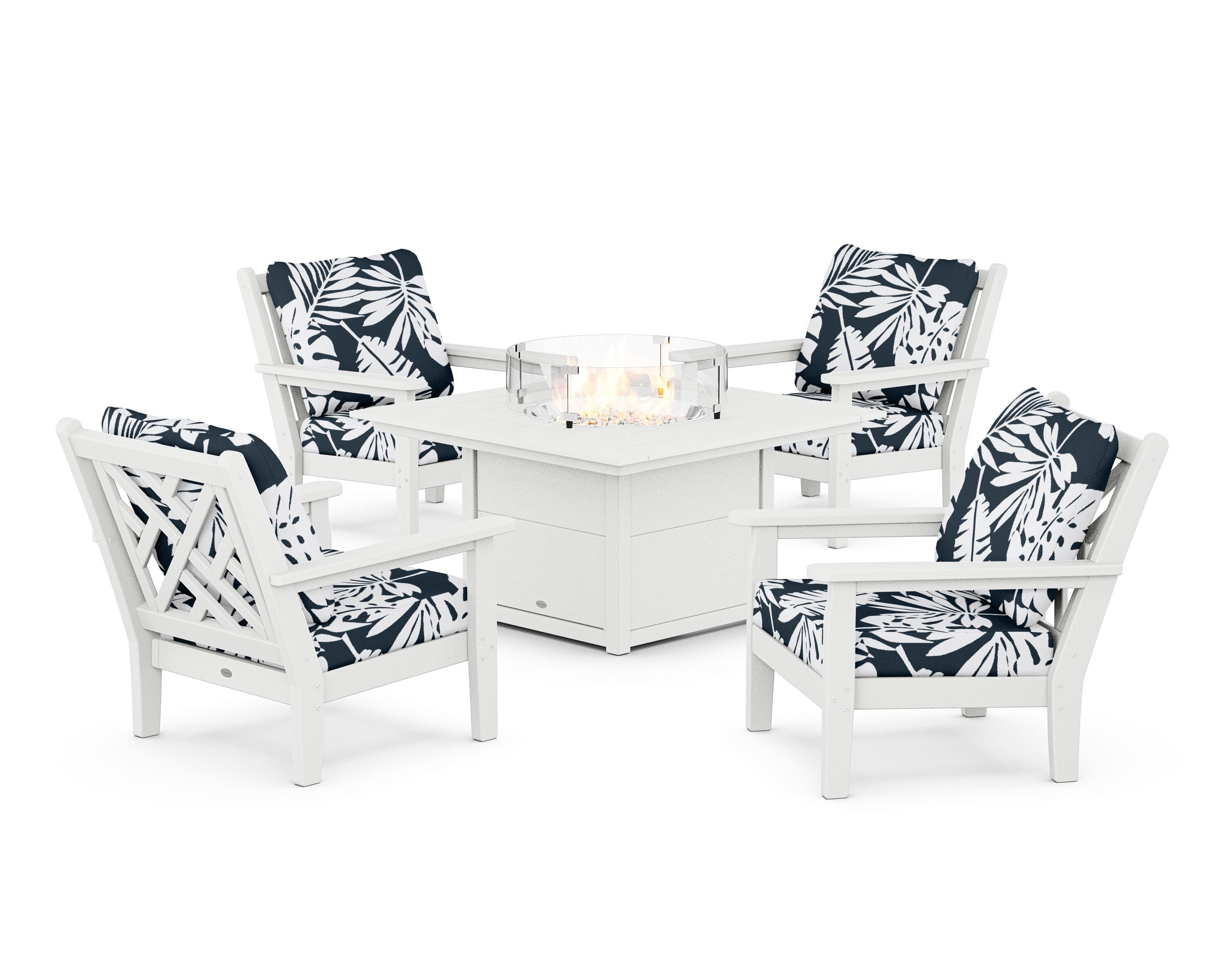POLYWOOD® Chippendale 5-Piece Deep Seating Set with Fire Pit Table in White / Leaf Marine Indigo