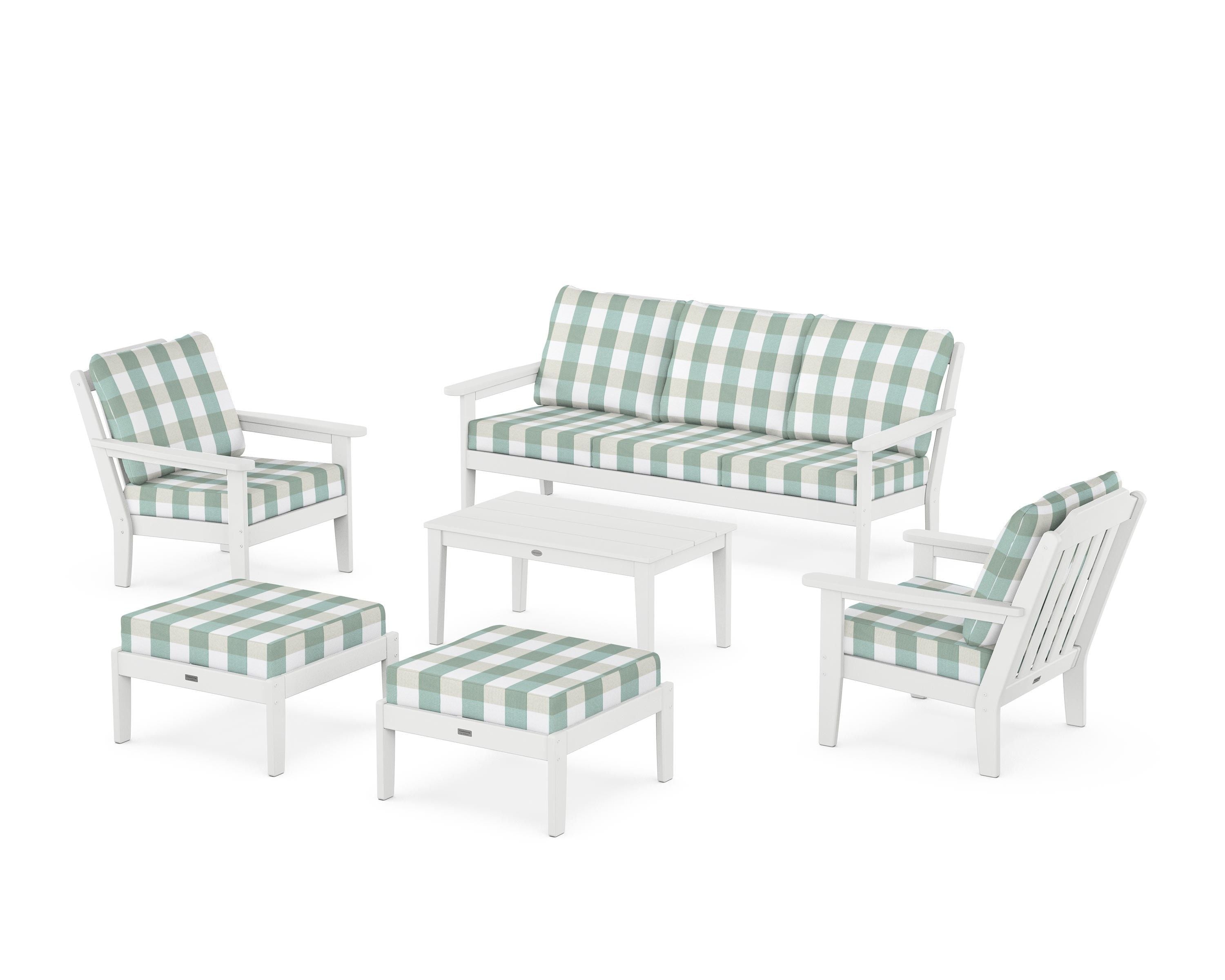 Country Living Cottage 6-Piece Lounge Sofa Set in White / Buffalo Plaid Glacier Spa