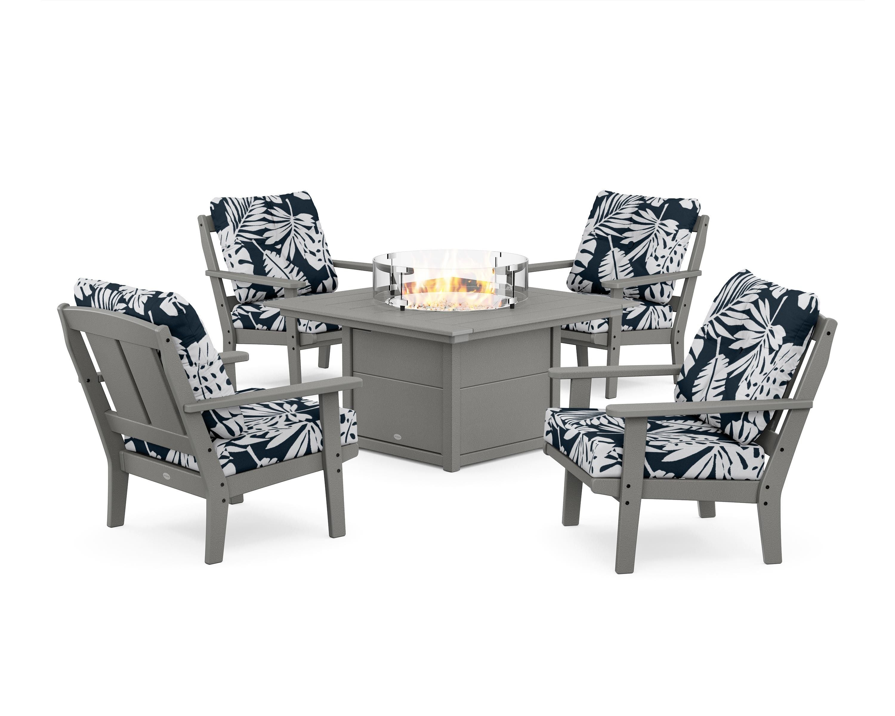 POLYWOOD® Mission 5-Piece Deep Seating Set with Fire Pit Table in Slate Grey / Leaf Marine Indigo