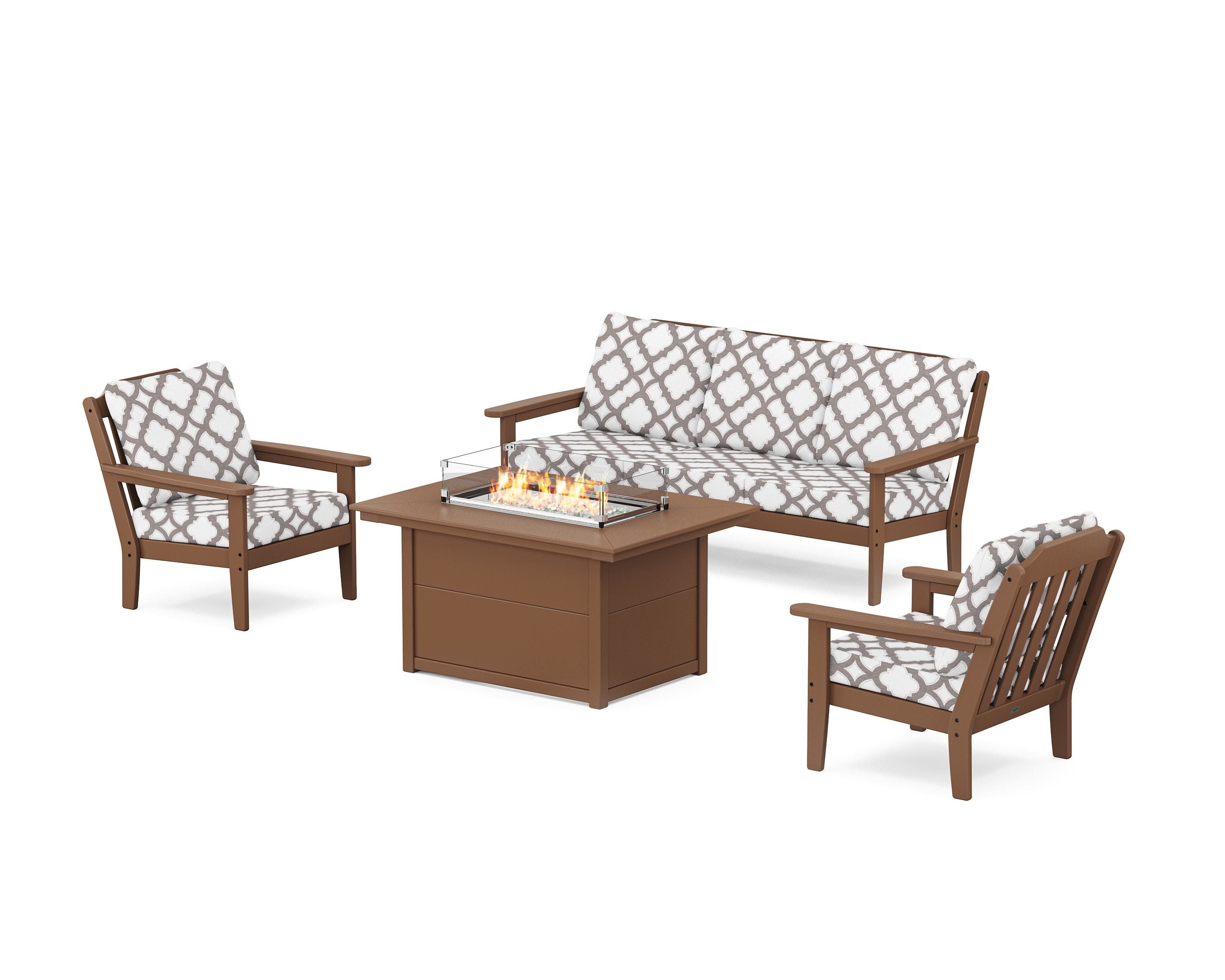 Country Living Cottage Deep Seating Fire Pit Table Set in Teak / Trellis Grey Mist