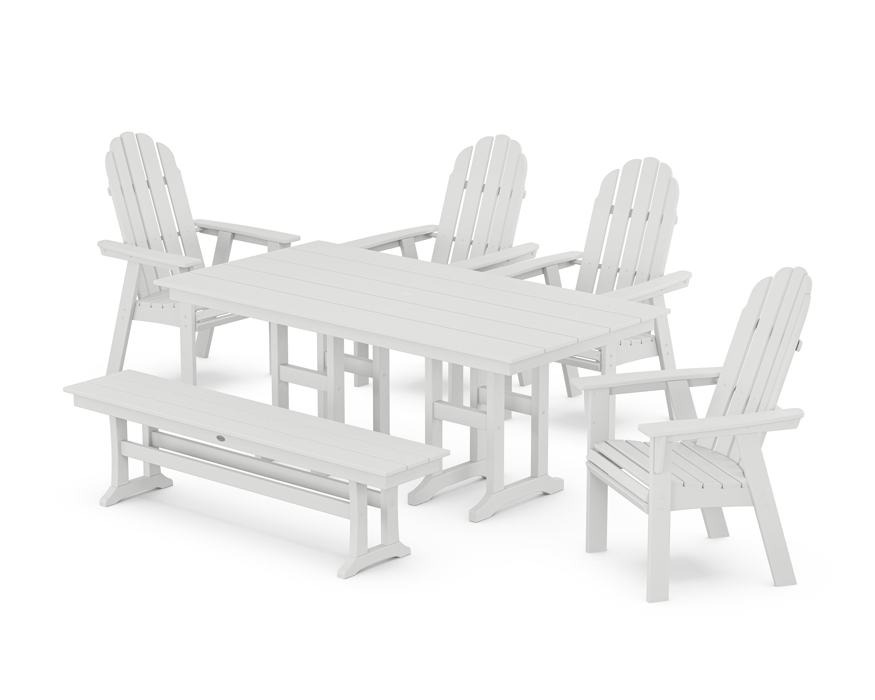POLYWOOD® Vineyard Curveback Adirondack Chair 6-Piece Farmhouse Dining Set with Bench in White