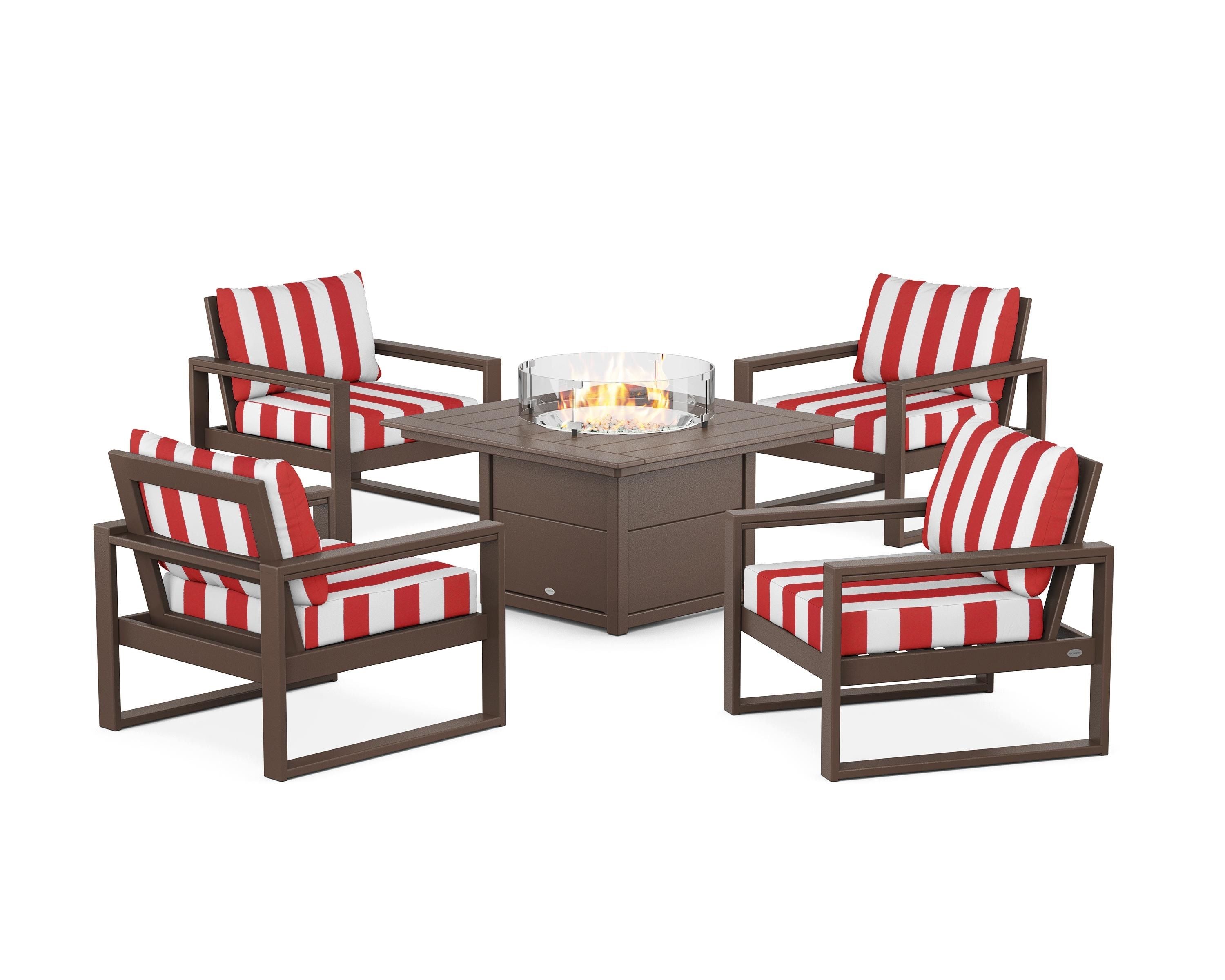 POLYWOOD® EDGE Sectional 5-Piece Deep Seating Set with Fire Pit Table in Mahogany / Cabana Stripe Crimson