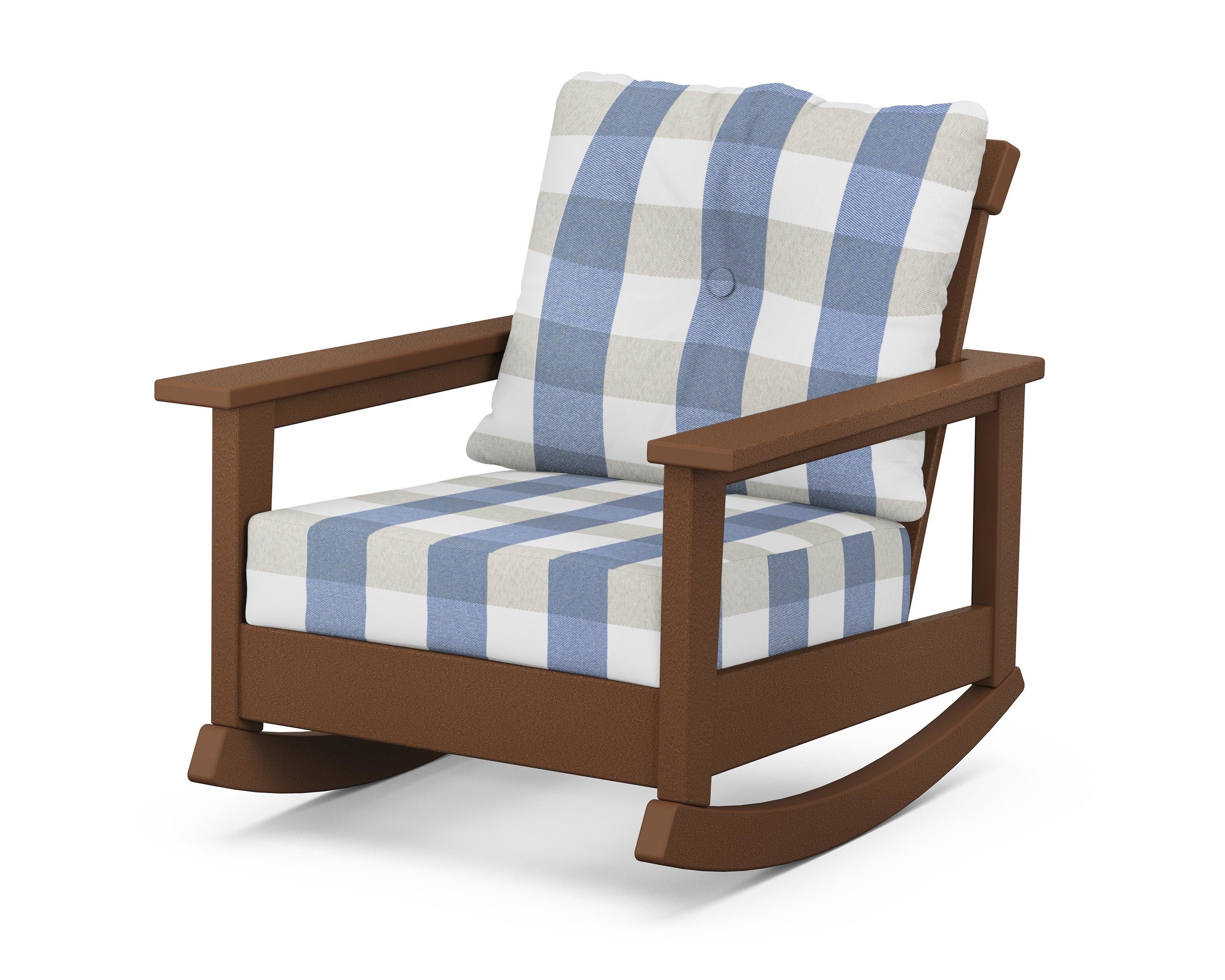POLYWOOD® Prescott Deep Seating Rocking Chair in Teak / Buffalo Plaid Sky Blue