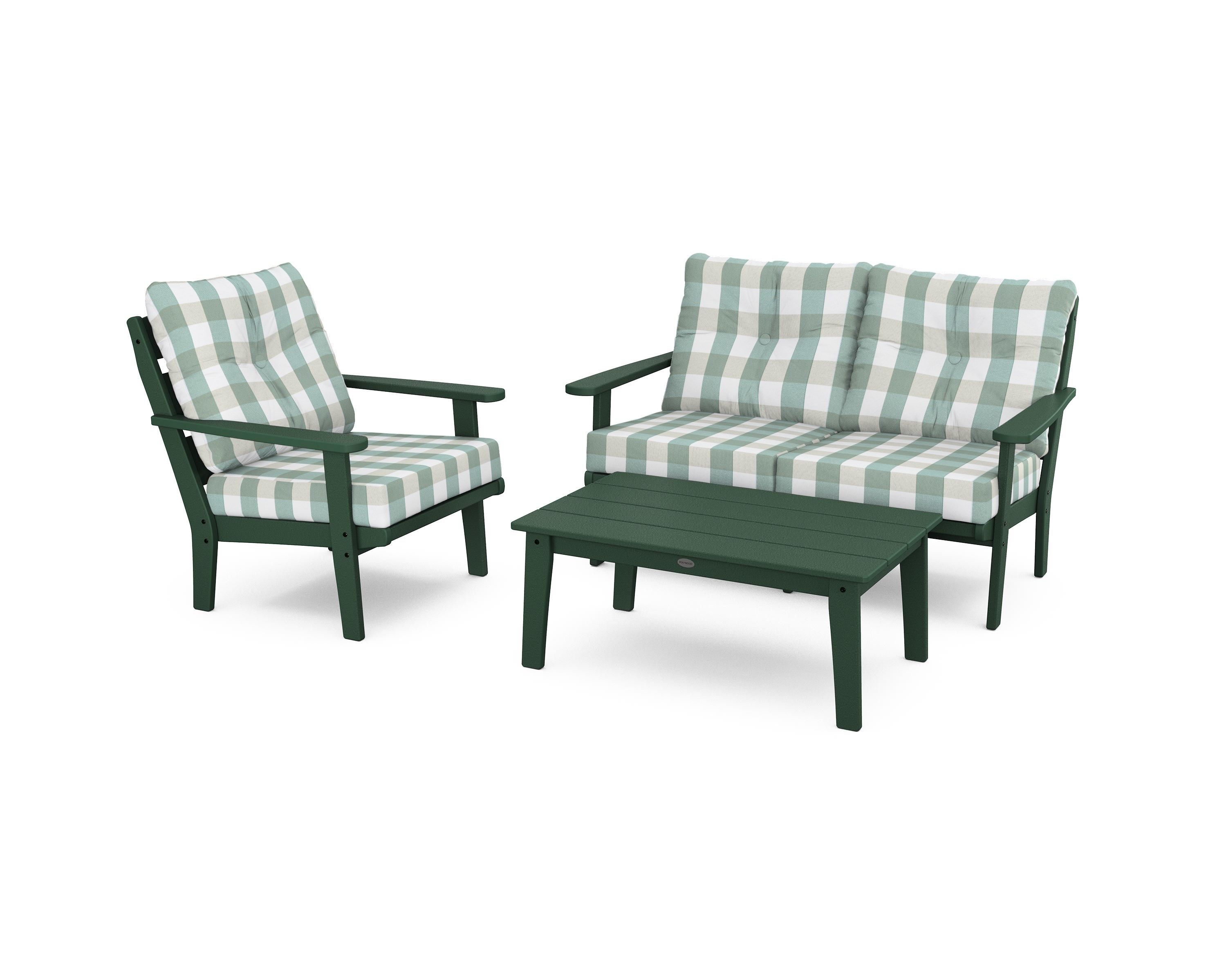 POLYWOOD® Lakeside 3-Piece Deep Seating Set in Green / Buffalo Plaid Glacier Spa
