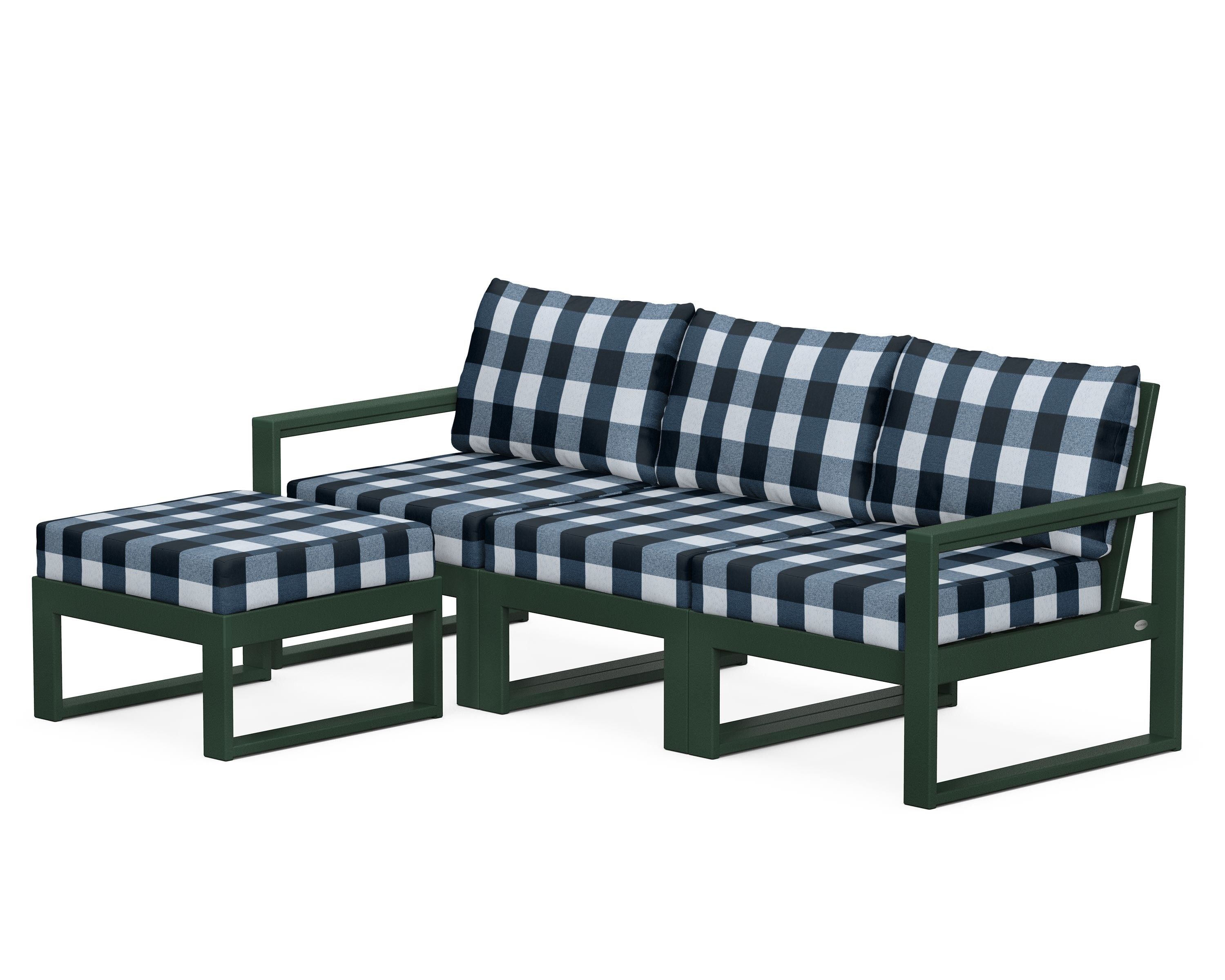 POLYWOOD® EDGE 4-Piece Modular Deep Seating Set with Ottoman in Green / Buffalo Plaid Marine Indigo