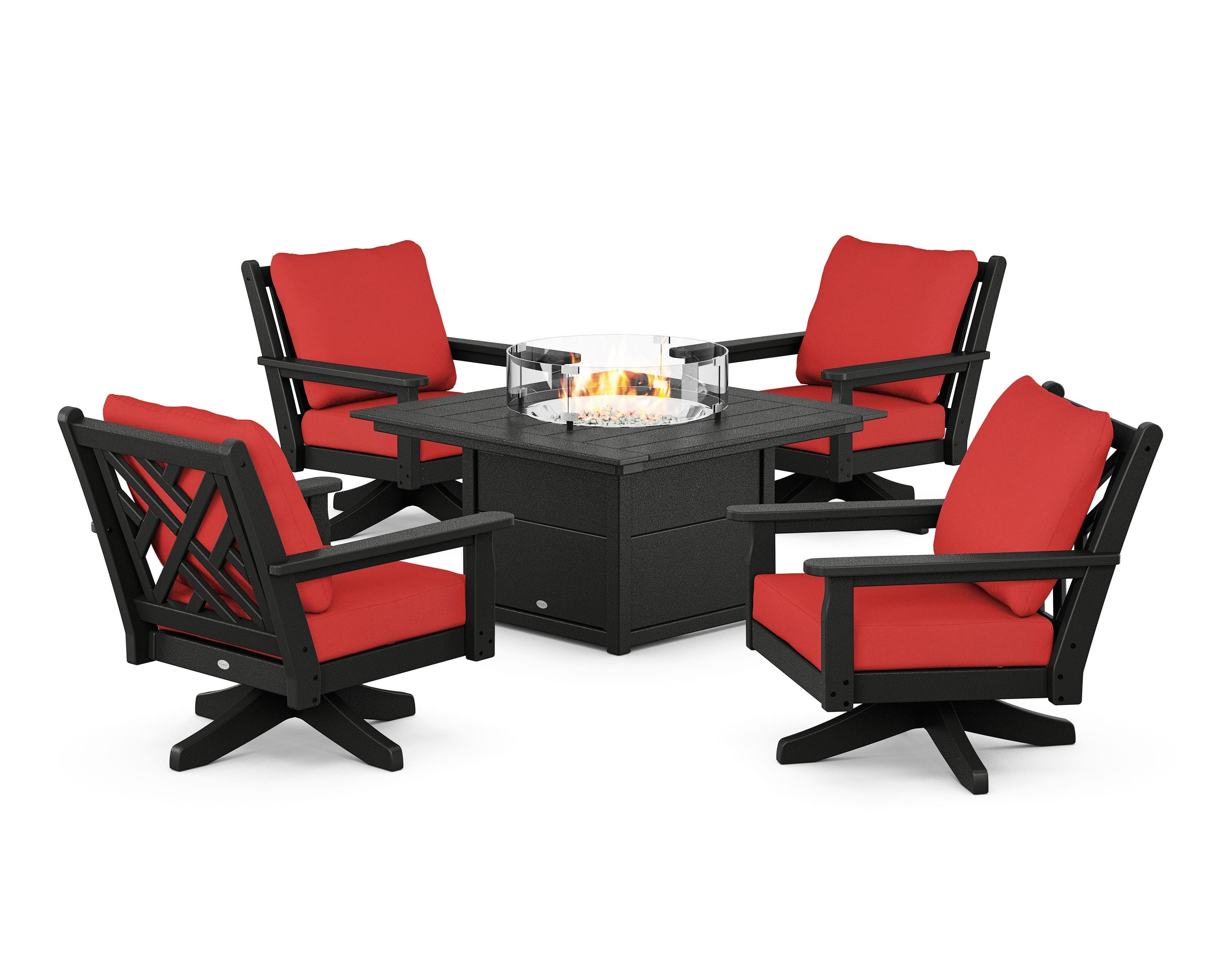 POLYWOOD® Chippendale 5-Piece Deep Seating Swivel Conversation Set with Fire Pit Table in Black / Crimson Linen
