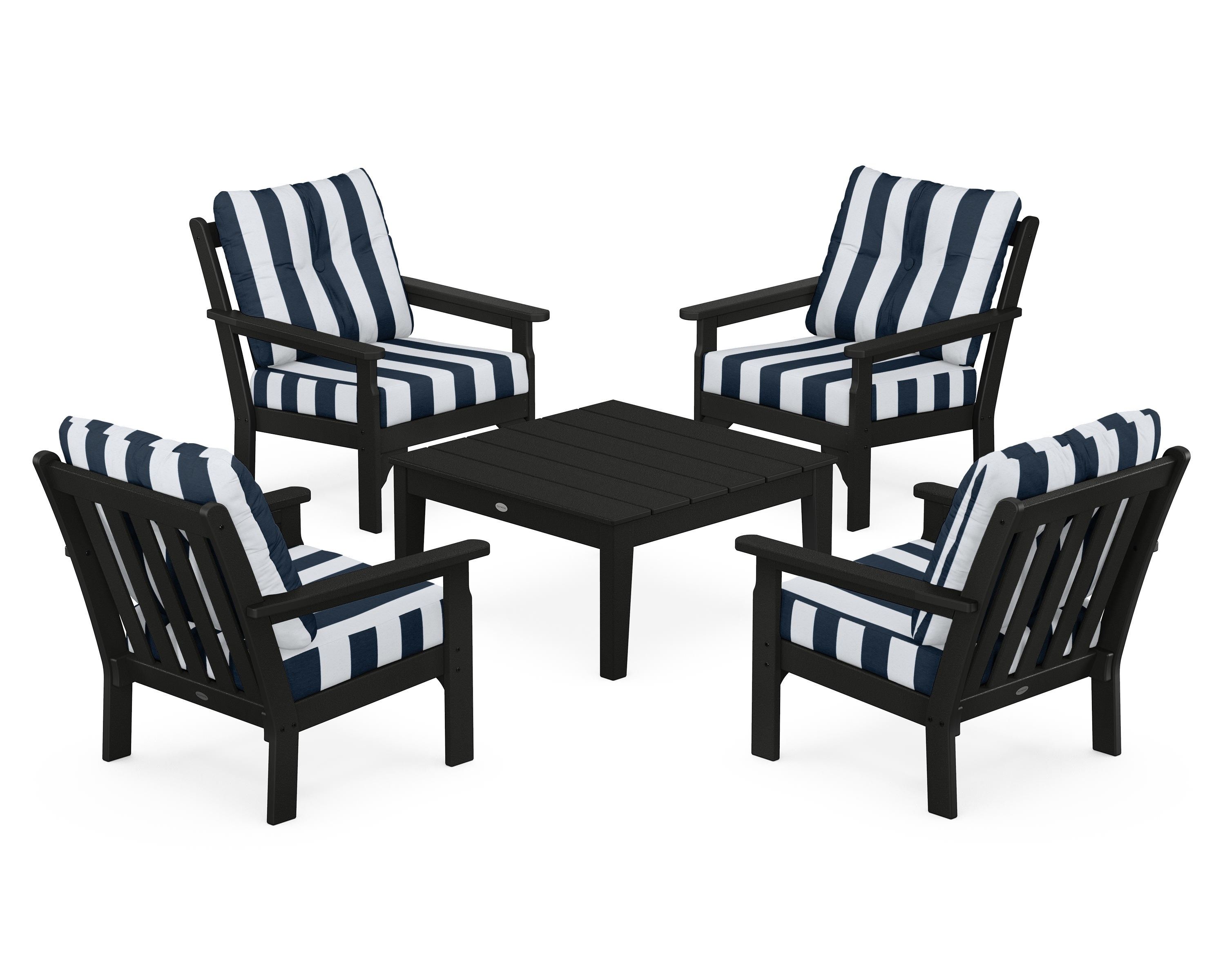 POLYWOOD® Vineyard 5-Piece Deep Seating Conversation Set in Black / Cabana Stripe Marine Indigo